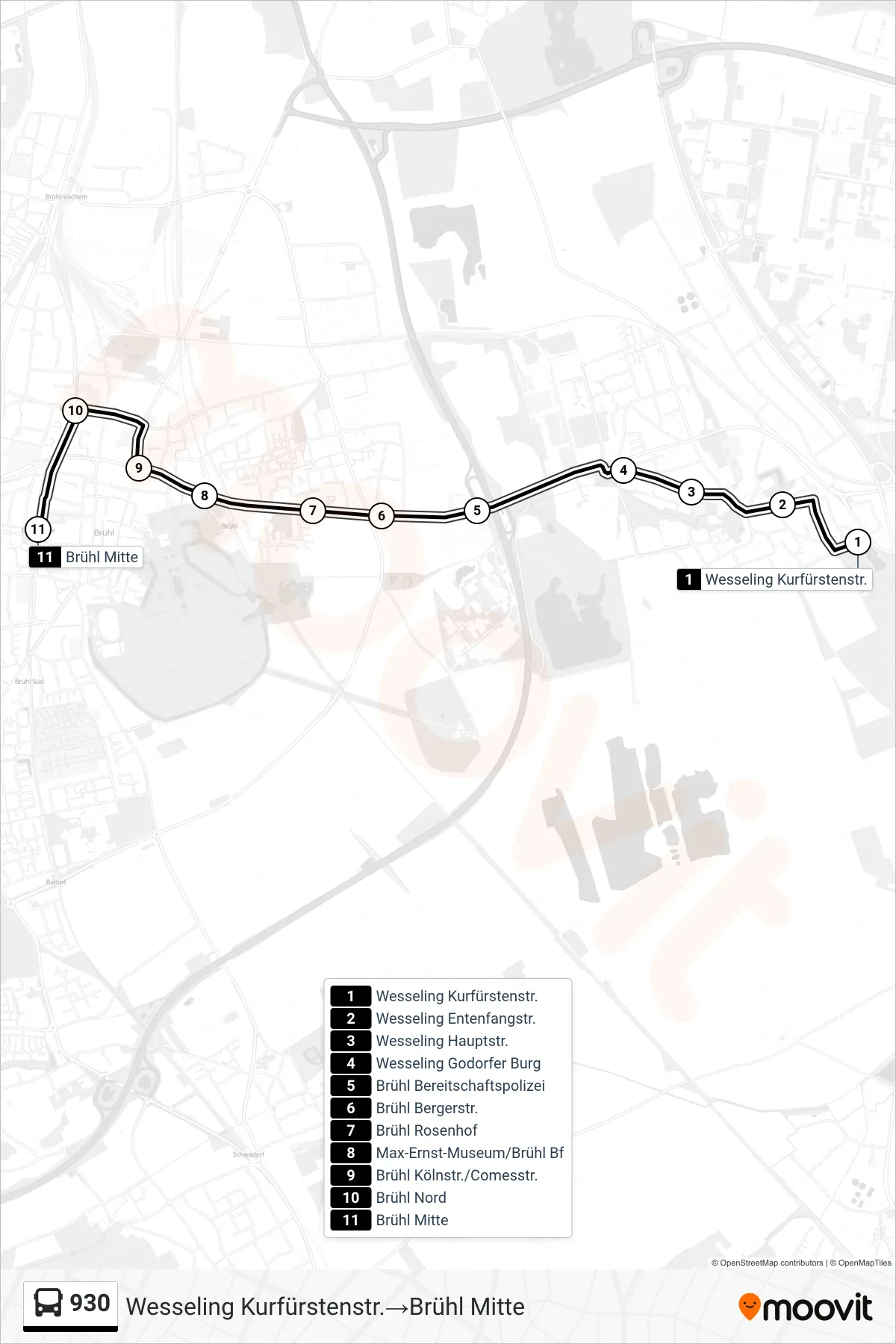 Linie 930 (Bus) Richtung Wesseling Kurfürstenstr.→Brühl Mitte: Route und Haltestellen auf der Karte