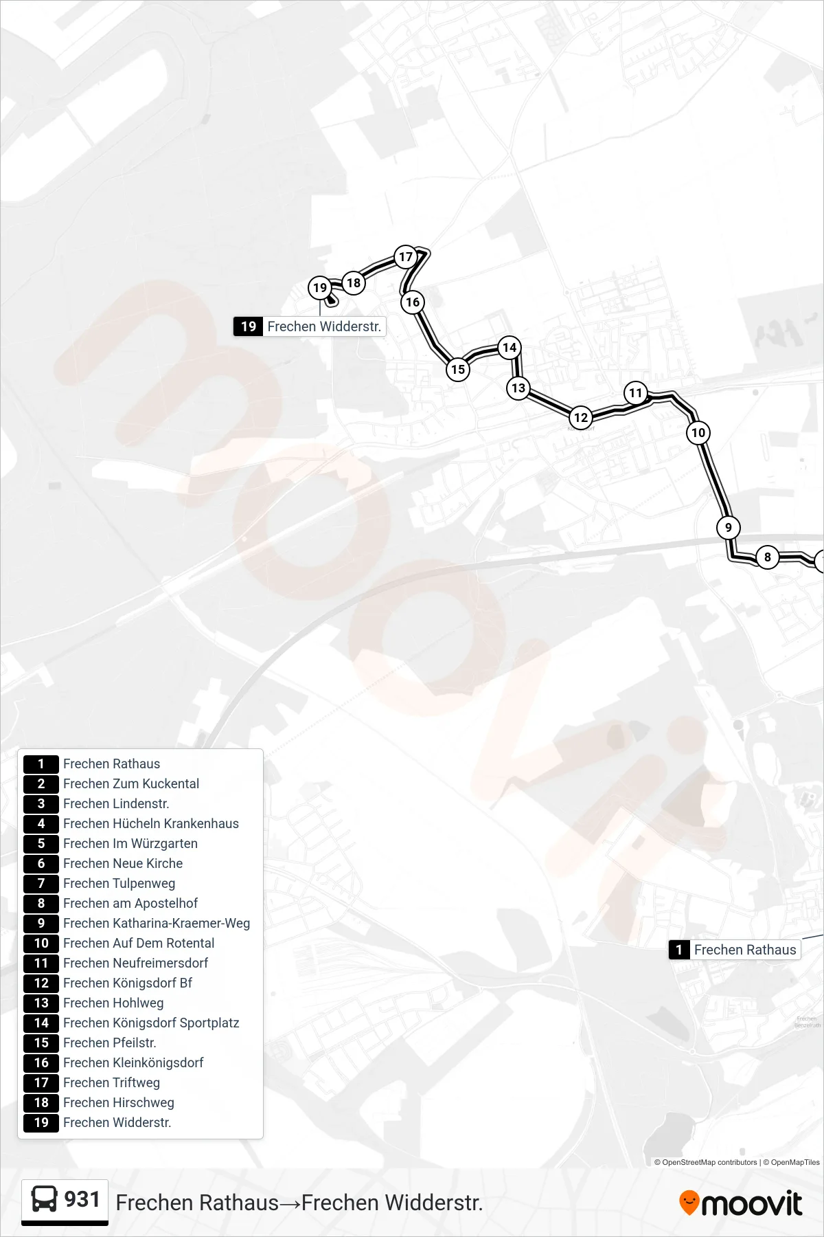 Linie 931 (Bus) Richtung Frechen Rathaus→Frechen Widderstr.: Route und Haltestellen auf der Karte