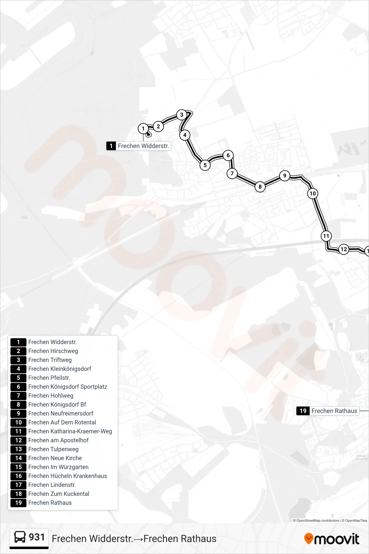 Linie 931 (Bus) Richtung Frechen Widderstr.→Frechen Rathaus: Route und Haltestellen auf der Karte