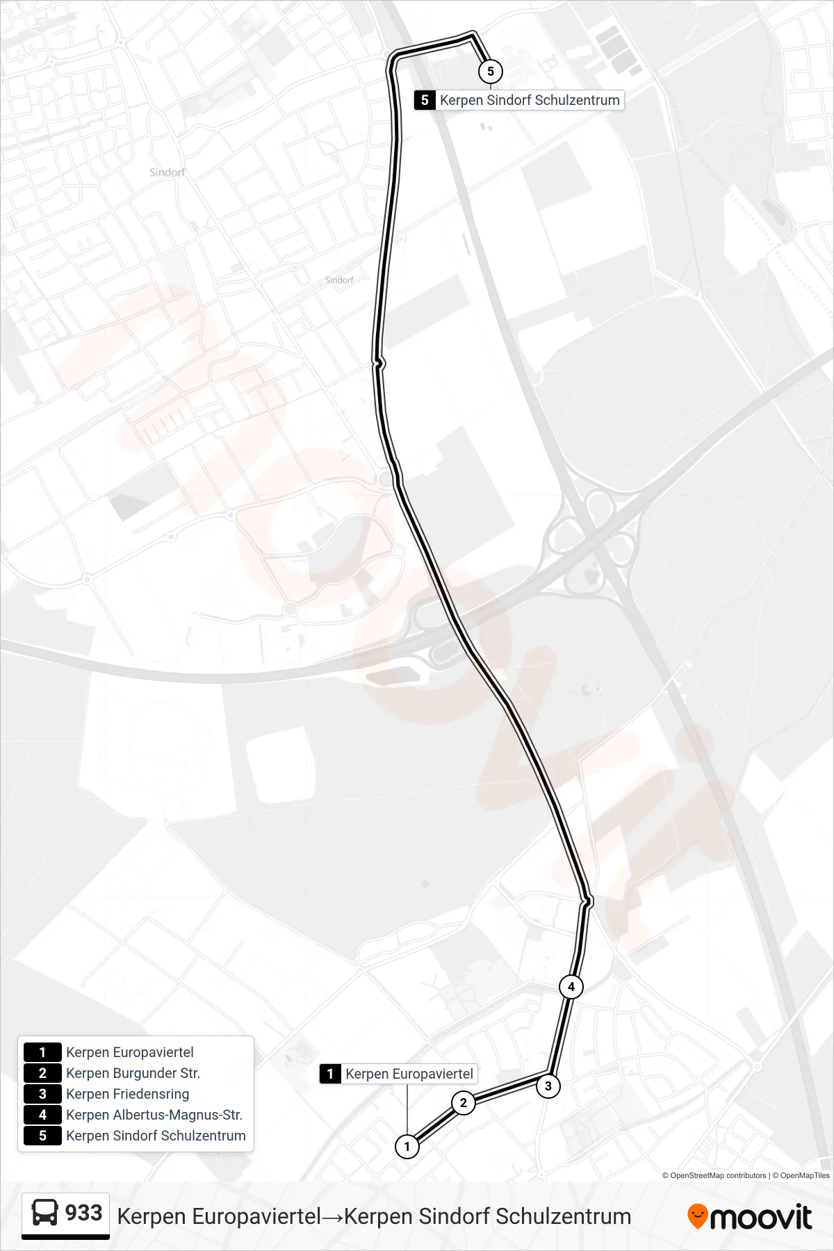 Linie 933 (Bus) Richtung Kerpen Europaviertel→Kerpen Sindorf Schulzentrum: Route und Haltestellen auf der Karte