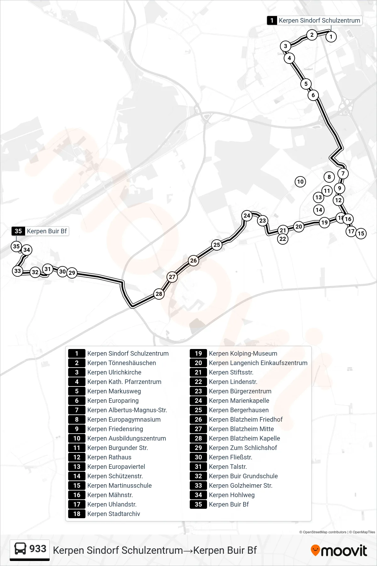 Linie 933 (Bus) Richtung Kerpen Sindorf Schulzentrum→Kerpen Buir Bf: Route und Haltestellen auf der Karte