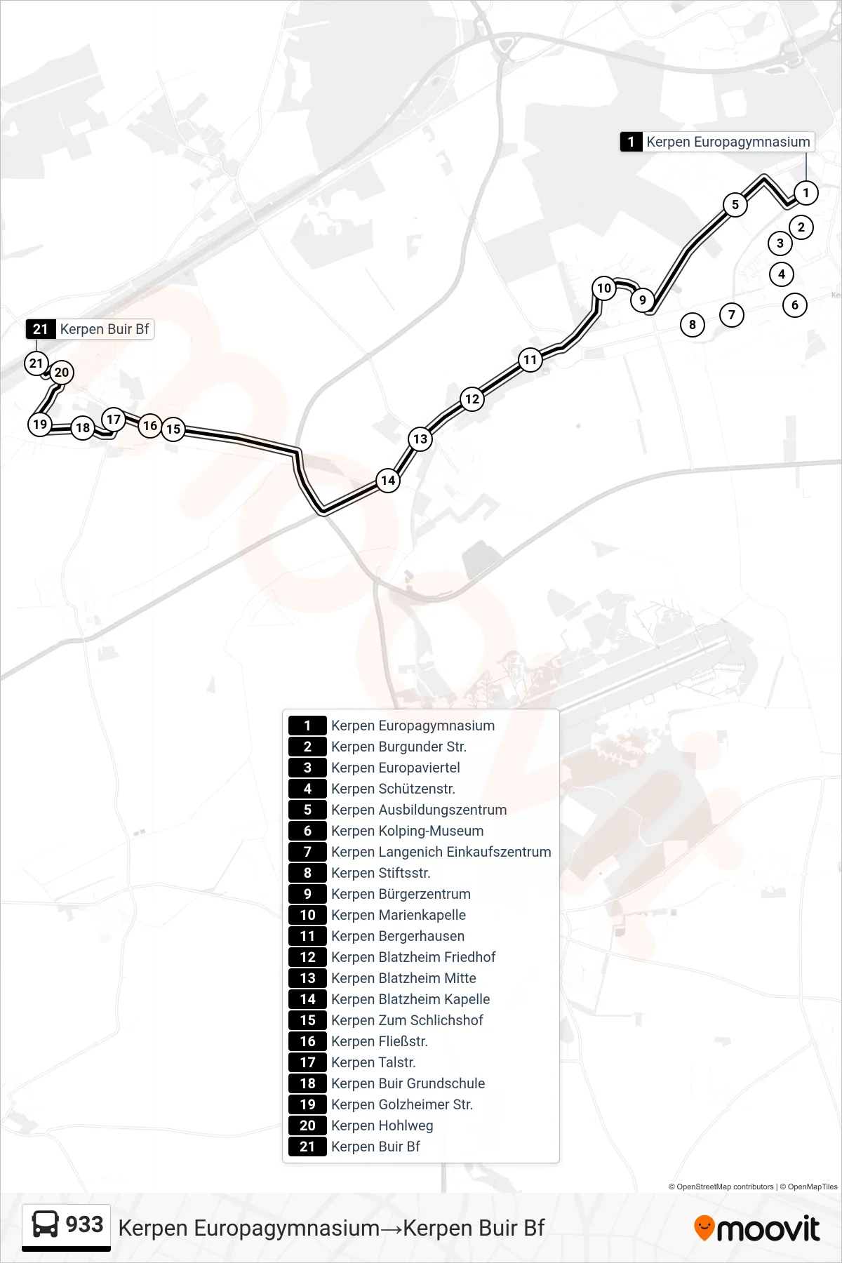 Linie 933 (Bus) Richtung Kerpen Europagymnasium→Kerpen Buir Bf: Route und Haltestellen auf der Karte