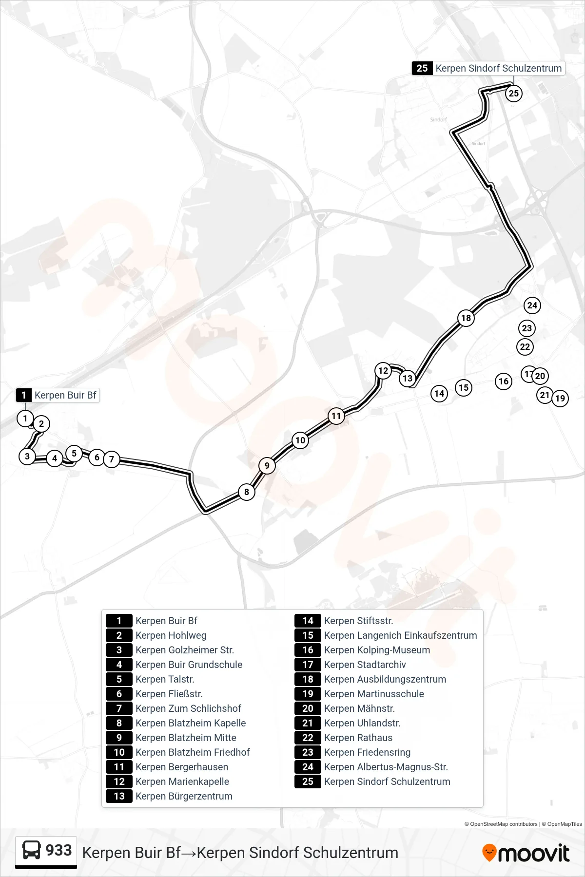 Linie 933 (Bus) Richtung Kerpen Buir Bf→Kerpen Sindorf Schulzentrum: Route und Haltestellen auf der Karte