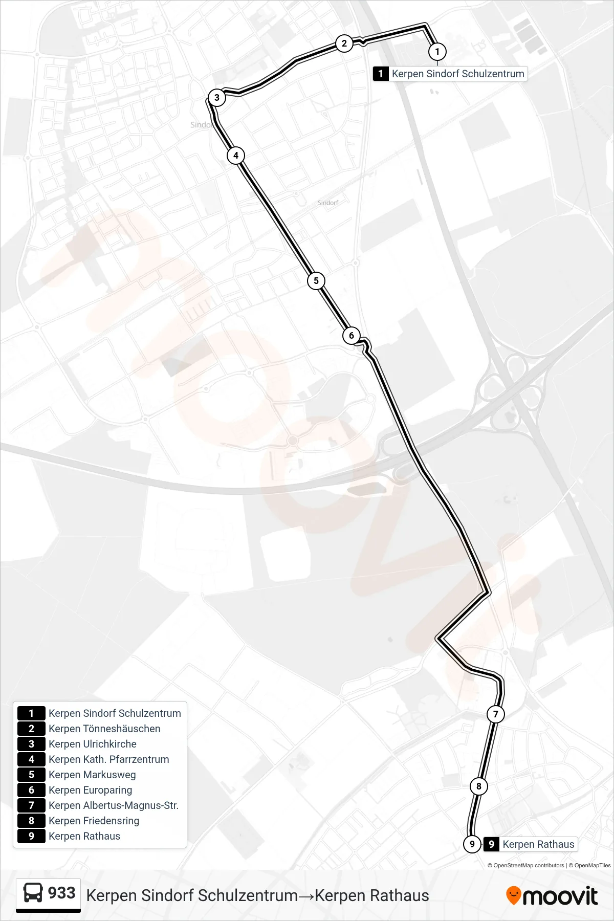 Linie 933 (Bus) Richtung Kerpen Sindorf Schulzentrum→Kerpen Rathaus: Route und Haltestellen auf der Karte