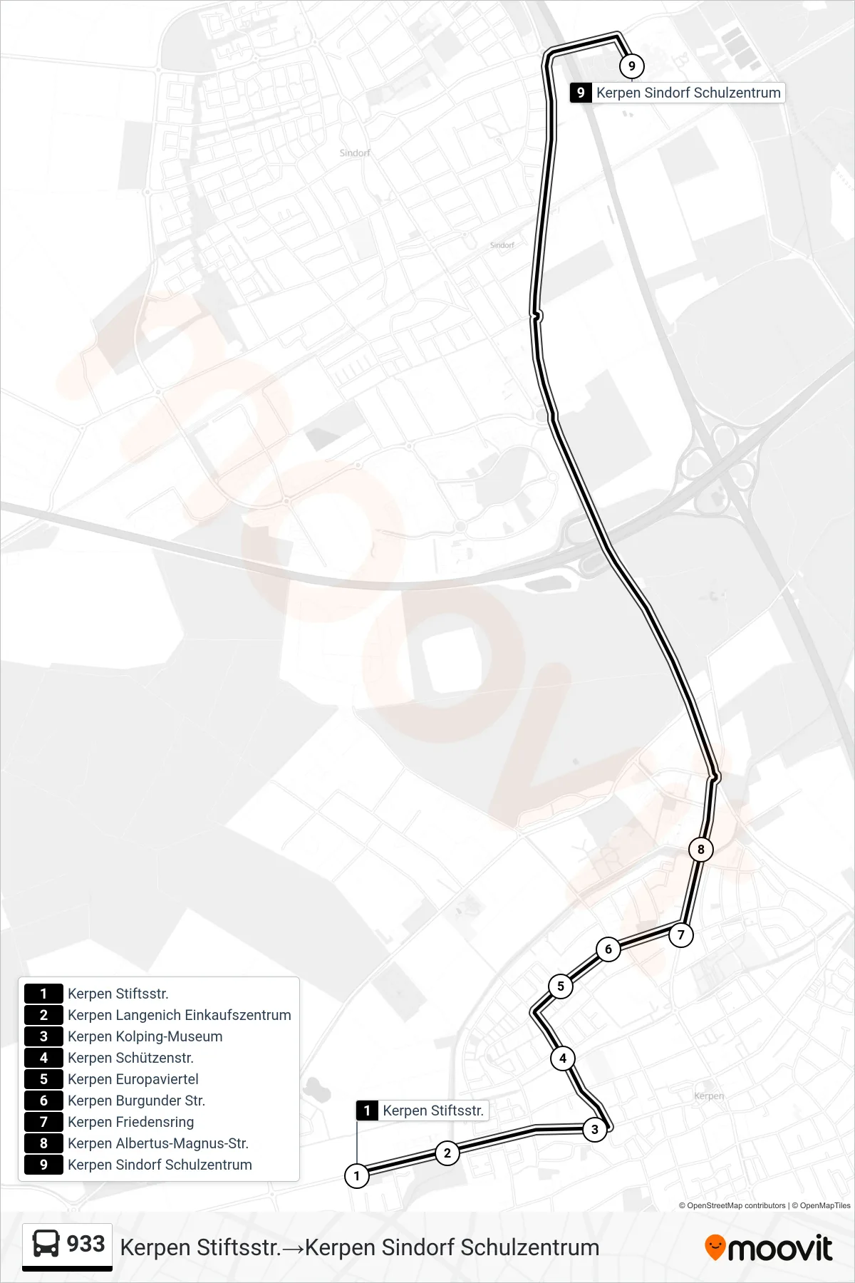 Linie 933 (Bus) Richtung Kerpen Stiftsstr.→Kerpen Sindorf Schulzentrum: Route und Haltestellen auf der Karte