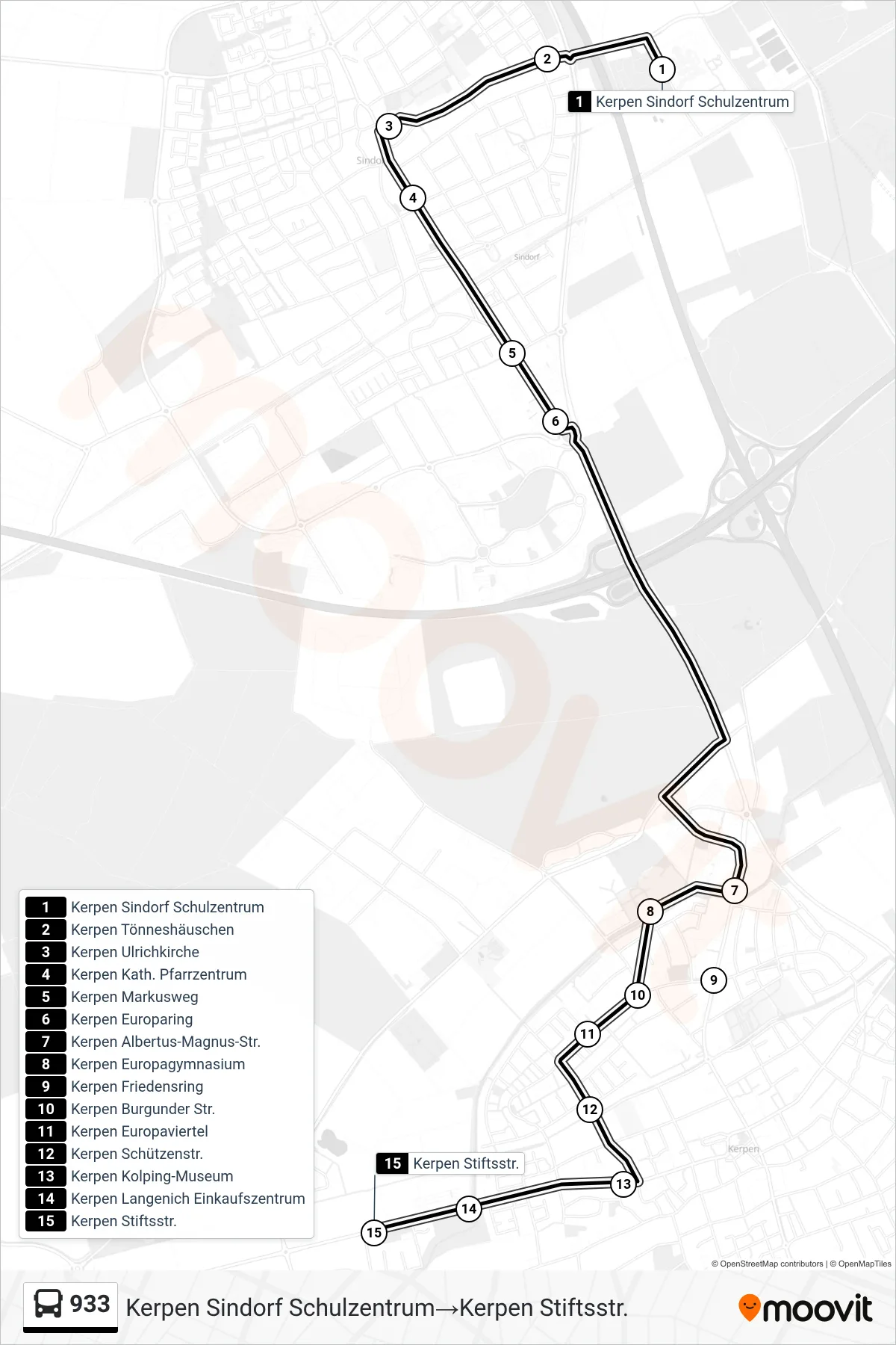 Linie 933 (Bus) Richtung Kerpen Sindorf Schulzentrum→Kerpen Stiftsstr.: Route und Haltestellen auf der Karte