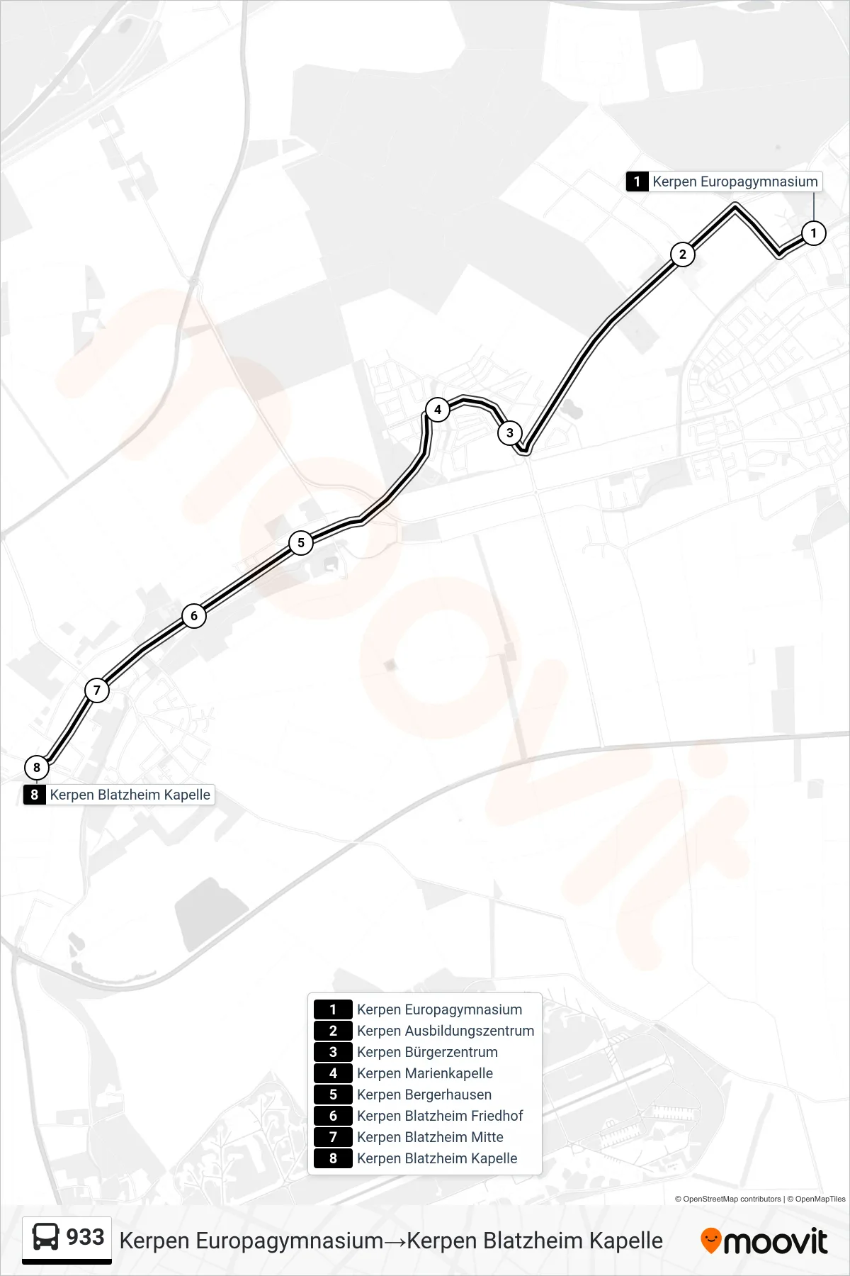 Linie 933 (Bus) Richtung Kerpen Europagymnasium→Kerpen Blatzheim Kapelle: Route und Haltestellen auf der Karte