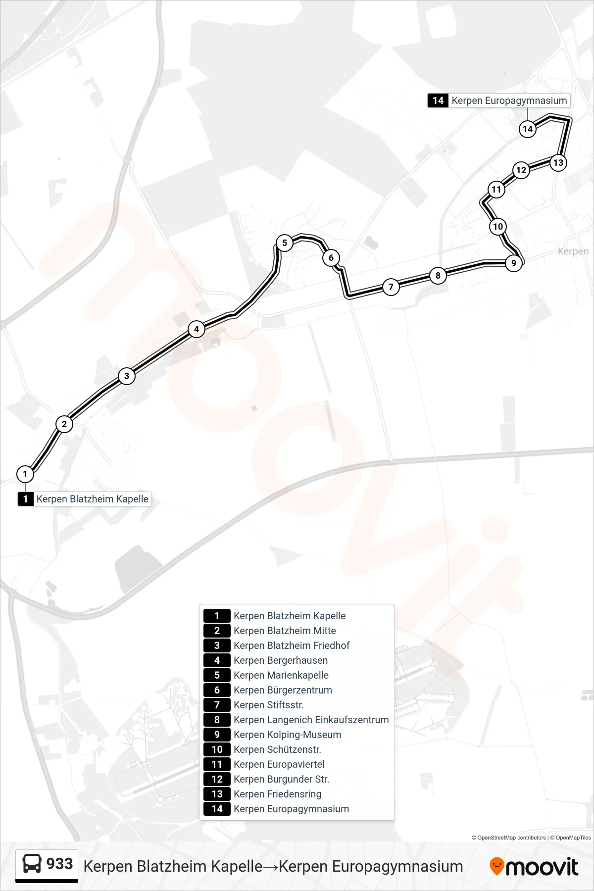 Linie 933 (Bus) Richtung Kerpen Blatzheim Kapelle→Kerpen Europagymnasium: Route und Haltestellen auf der Karte