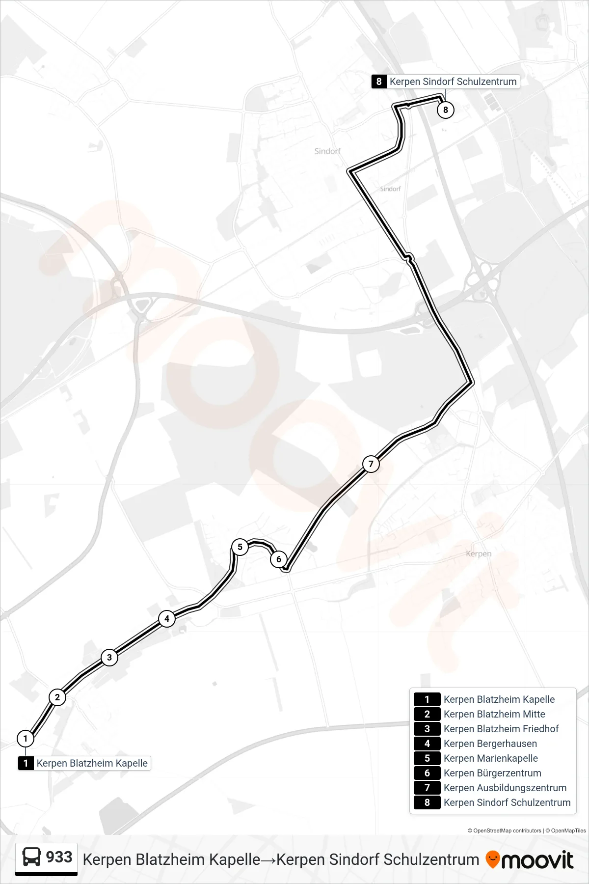 Linie 933 (Bus) Richtung Kerpen Blatzheim Kapelle→Kerpen Sindorf Schulzentrum: Route und Haltestellen auf der Karte