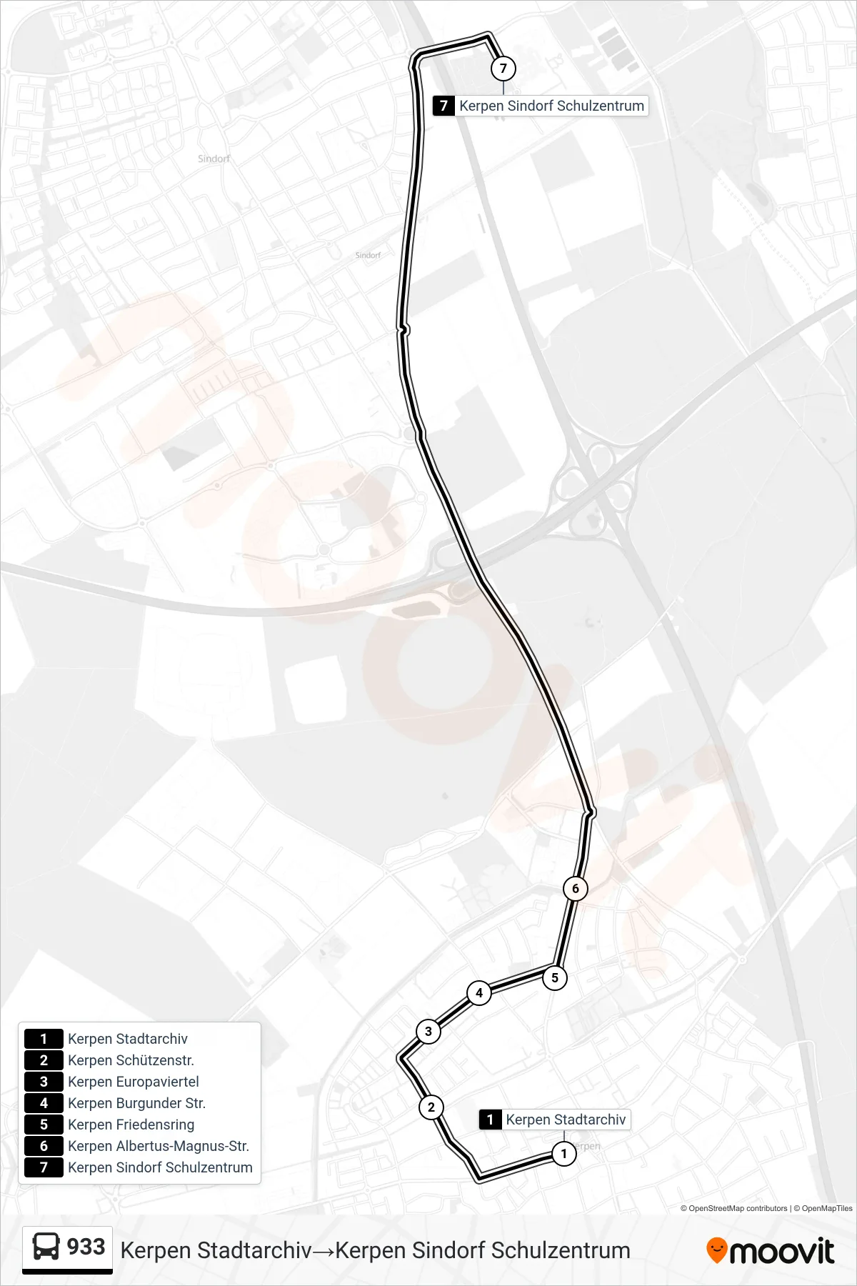 Linie 933 (Bus) Richtung Kerpen Stadtarchiv→Kerpen Sindorf Schulzentrum: Route und Haltestellen auf der Karte