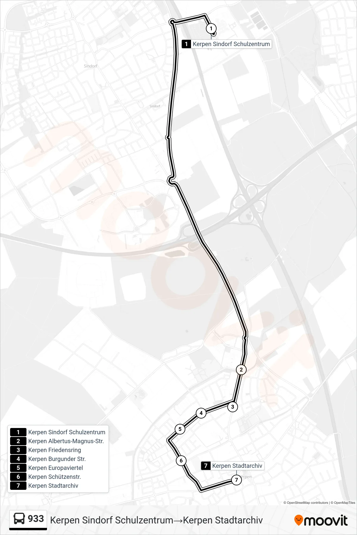 Linie 933 (Bus) Richtung Kerpen Sindorf Schulzentrum→Kerpen Stadtarchiv: Route und Haltestellen auf der Karte