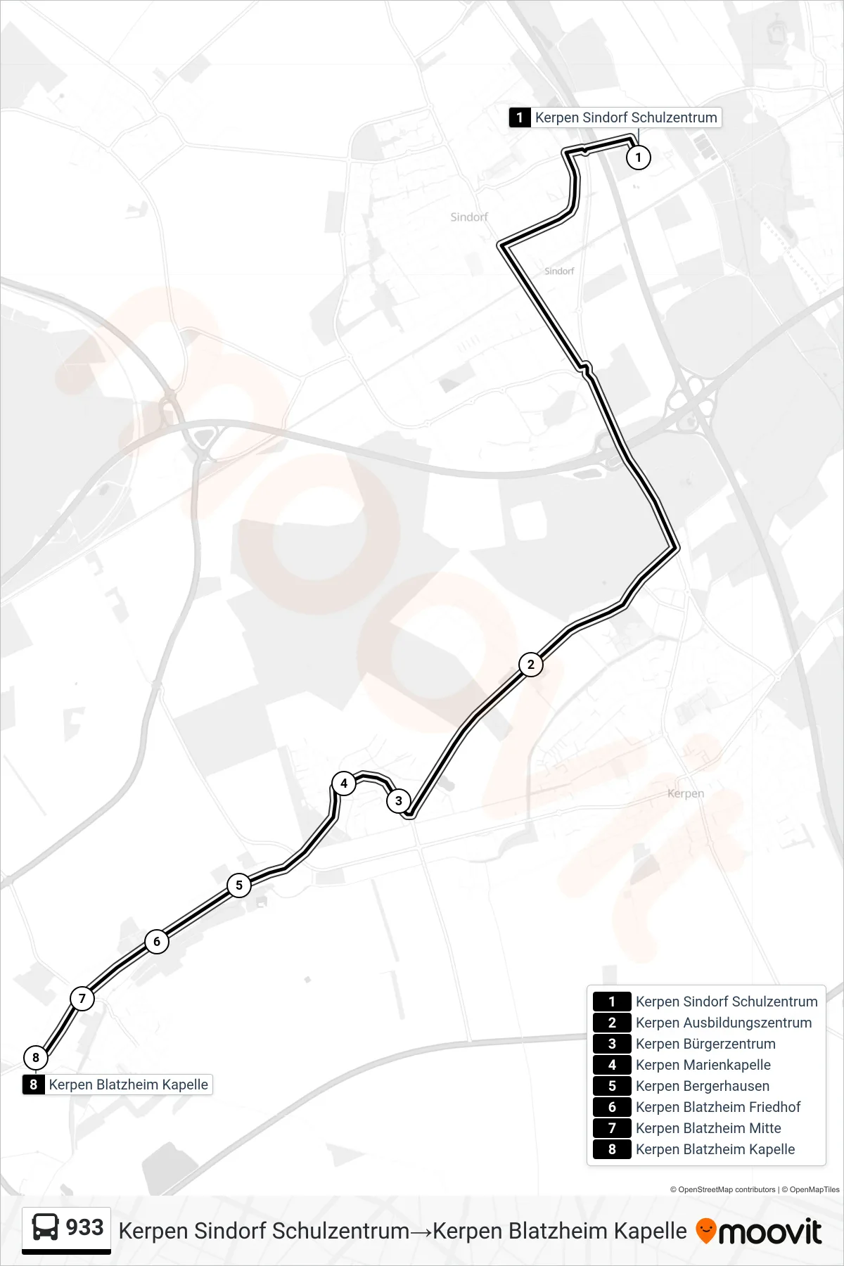 Linie 933 (Bus) Richtung Kerpen Sindorf Schulzentrum→Kerpen Blatzheim Kapelle: Route und Haltestellen auf der Karte