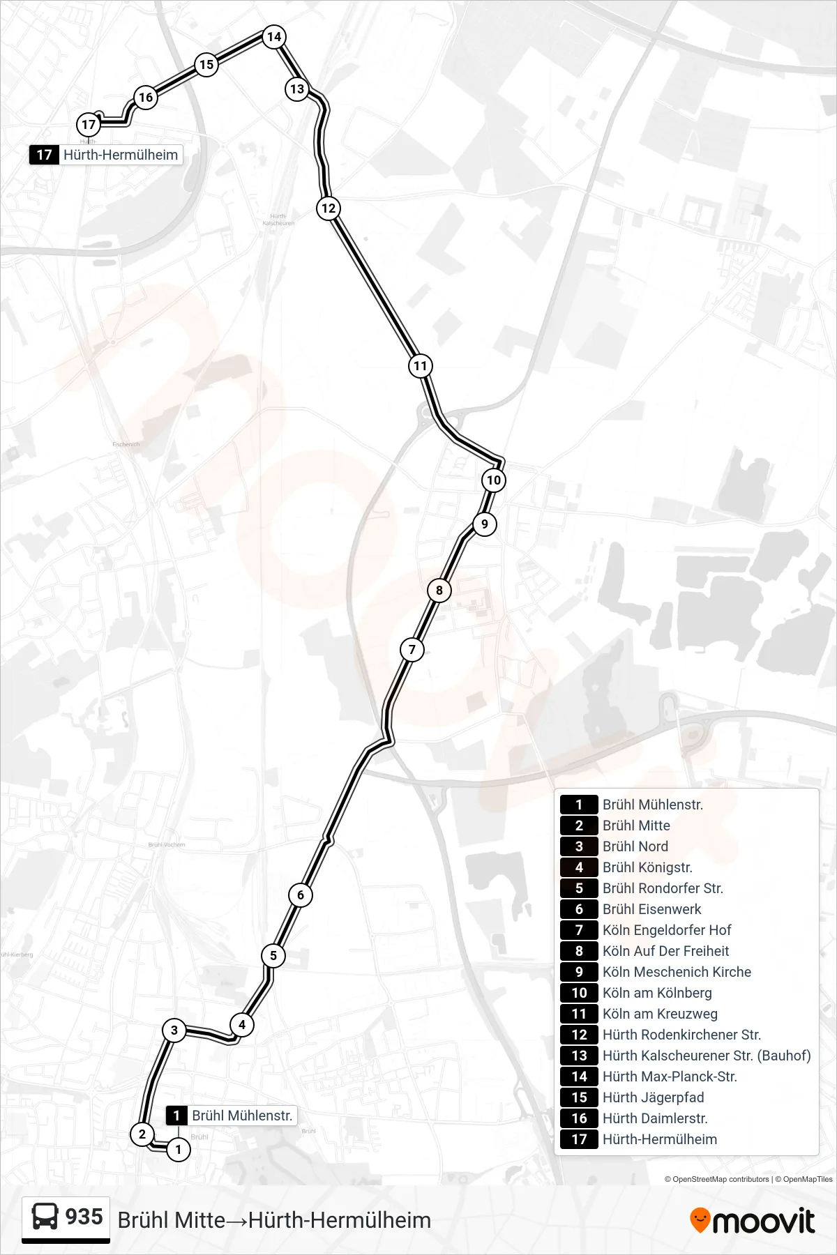 Linie 935 (Bus) Richtung Brühl Mitte‎→Hürth-Hermülheim: Route und Haltestellen auf der Karte