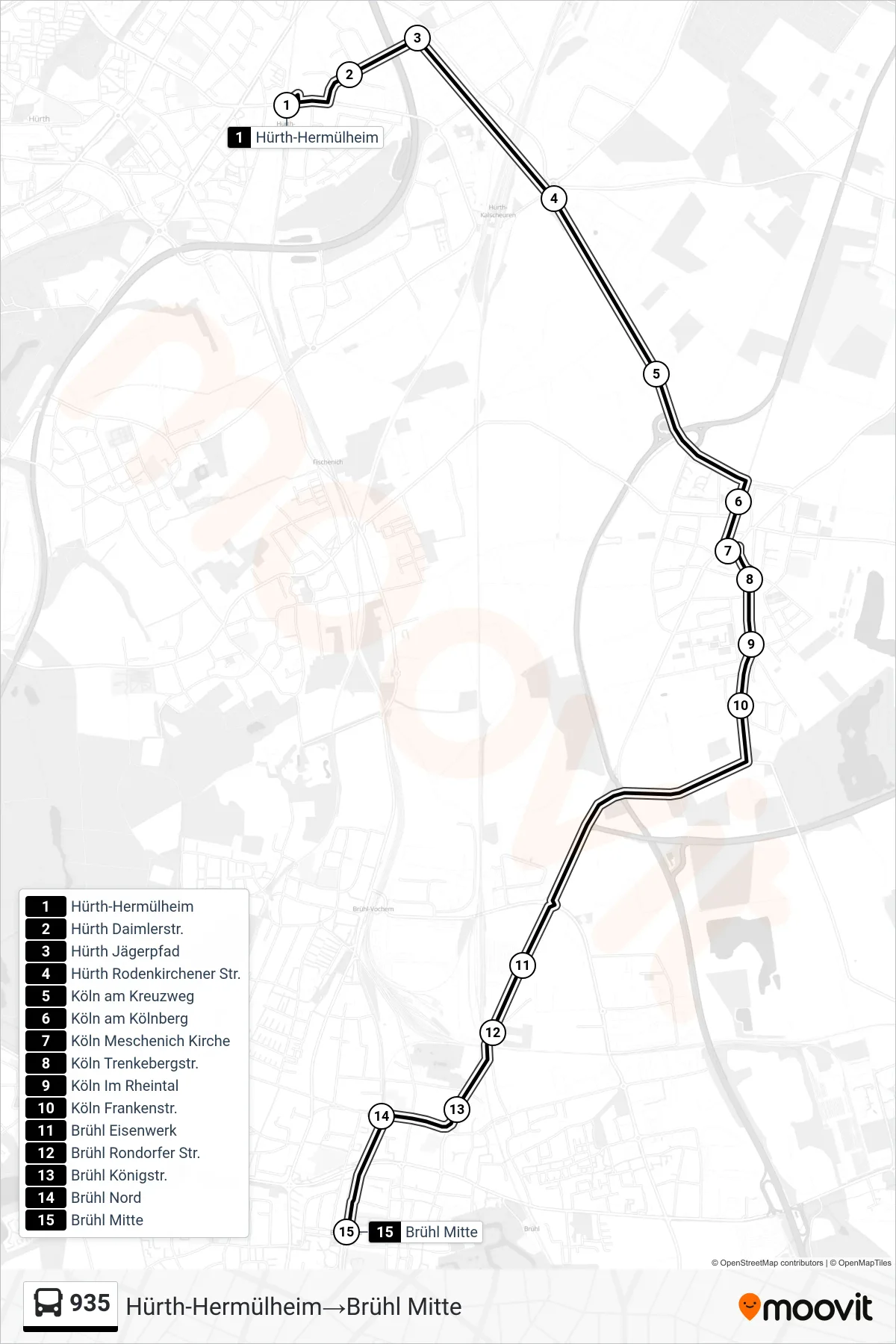 935 bus Line (Hürth-Hermülheim‎→Brühl Mitte) route and stops on a map