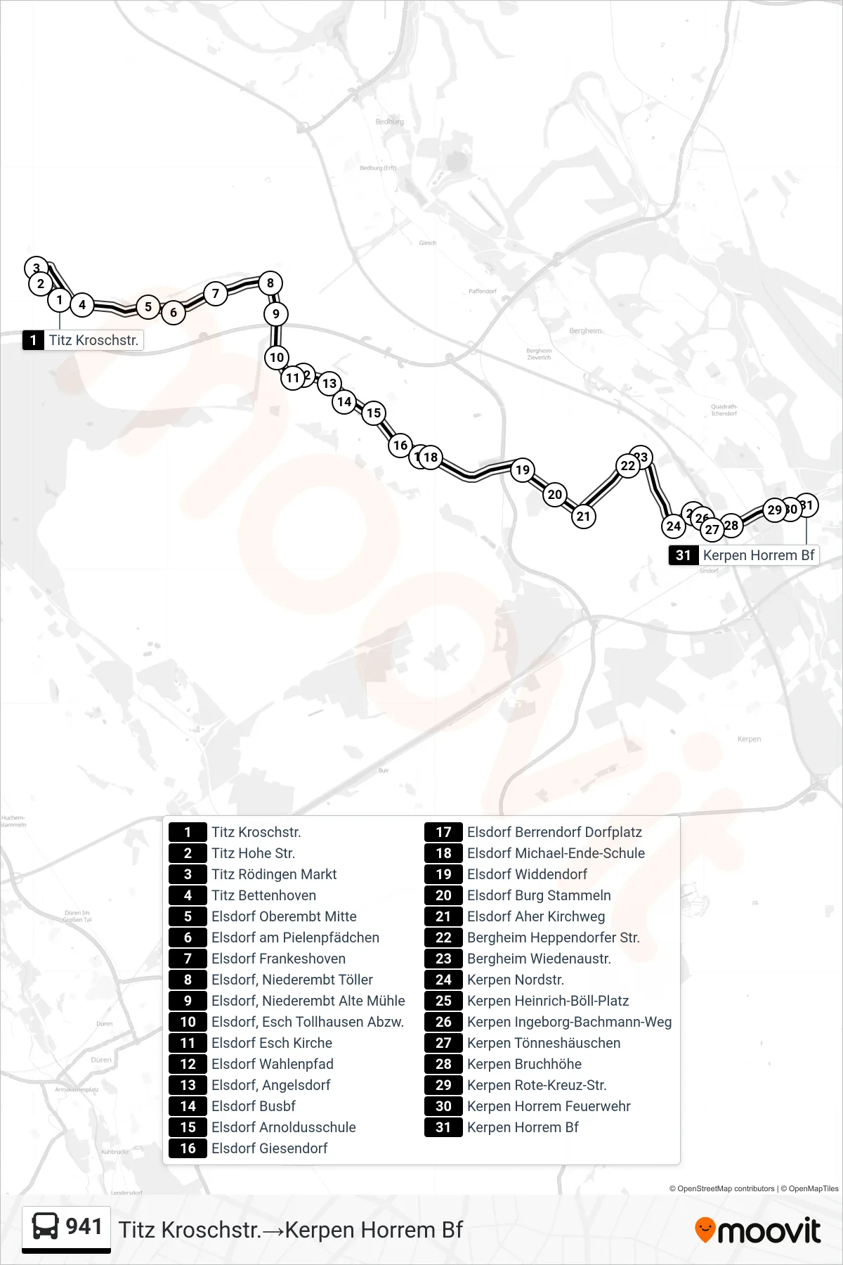 Linie 941 (Bus) Richtung Titz Kroschstr.→Kerpen Horrem Bf: Route und Haltestellen auf der Karte