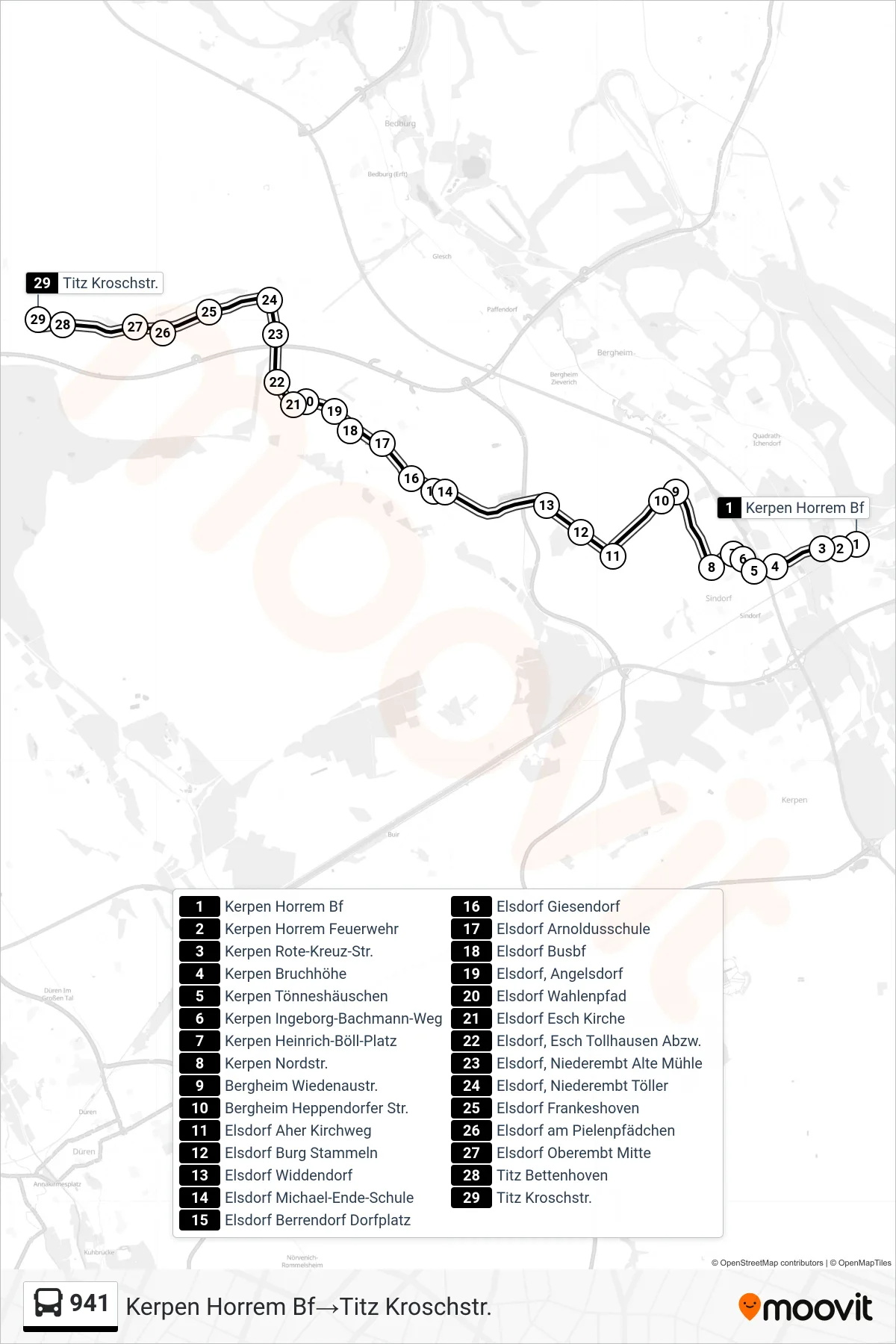 Linie 941 (Bus) Richtung Kerpen Horrem Bf→Titz Kroschstr.: Route und Haltestellen auf der Karte