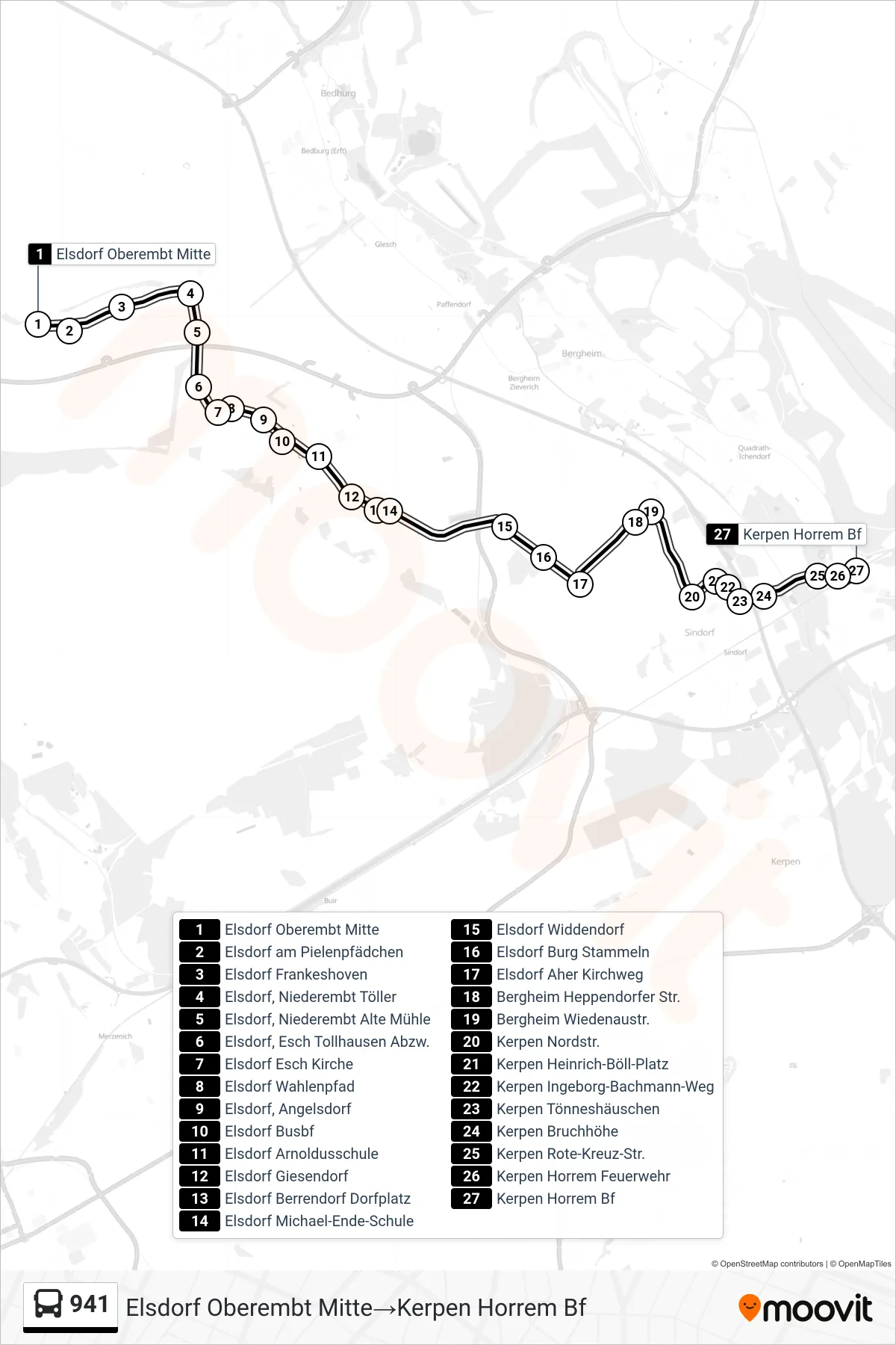 Linie 941 (Bus) Richtung Elsdorf Oberembt Mitte→Kerpen Horrem Bf: Route und Haltestellen auf der Karte