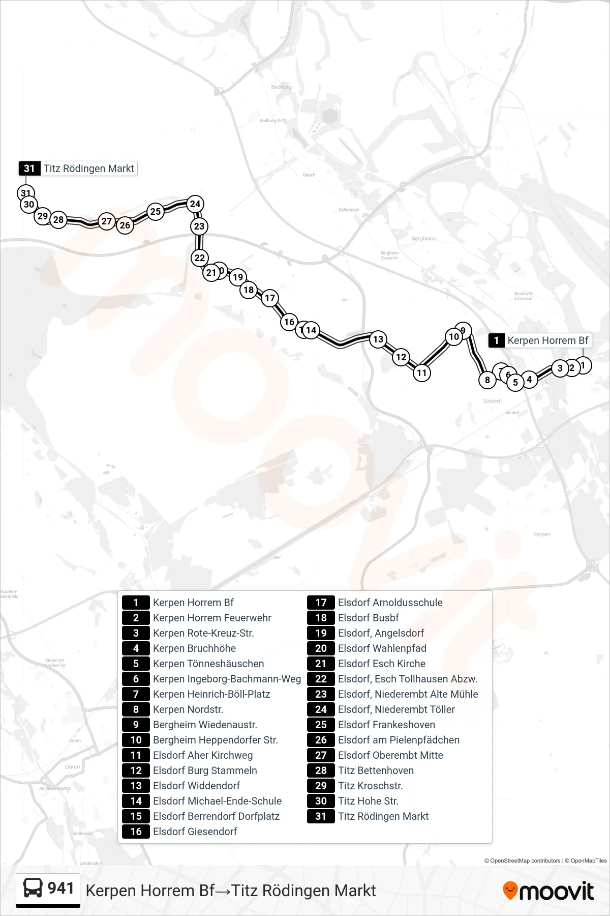 Linie 941 (Bus) Richtung Kerpen Horrem Bf→Titz Rödingen Markt: Route und Haltestellen auf der Karte