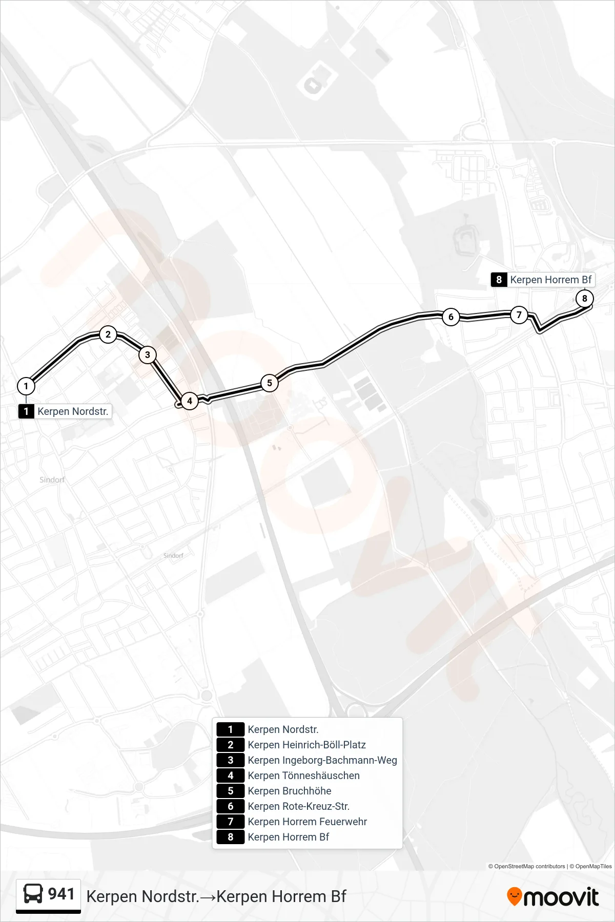 Linie 941 (Bus) Richtung Kerpen Nordstr.→Kerpen Horrem Bf: Route und Haltestellen auf der Karte