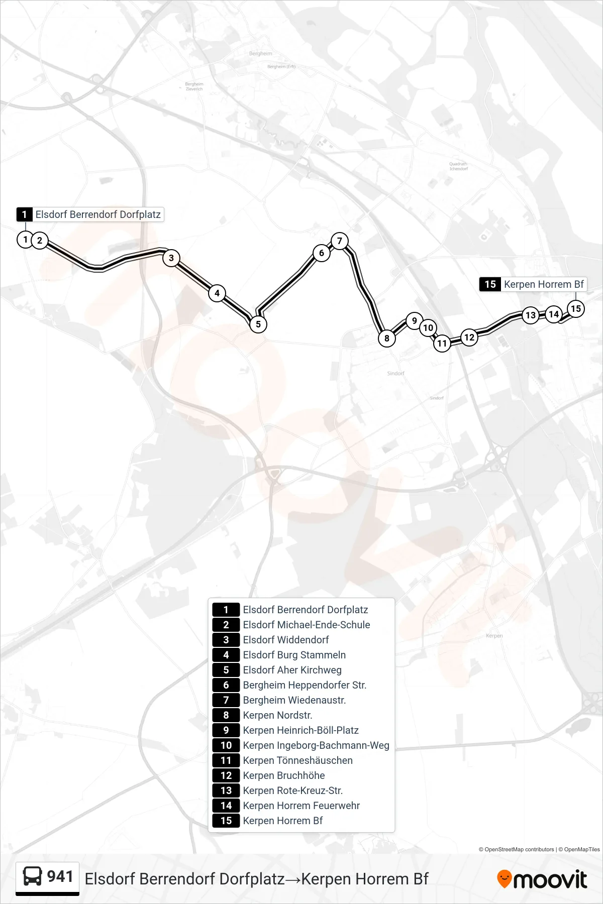Linie 941 (Bus) Richtung Elsdorf Berrendorf Dorfplatz‎→Kerpen Horrem Bf: Route und Haltestellen auf der Karte