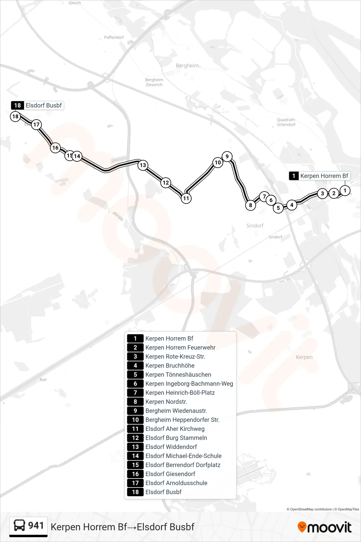 Linie 941 (Bus) Richtung Kerpen Horrem Bf→Elsdorf Busbf: Route und Haltestellen auf der Karte