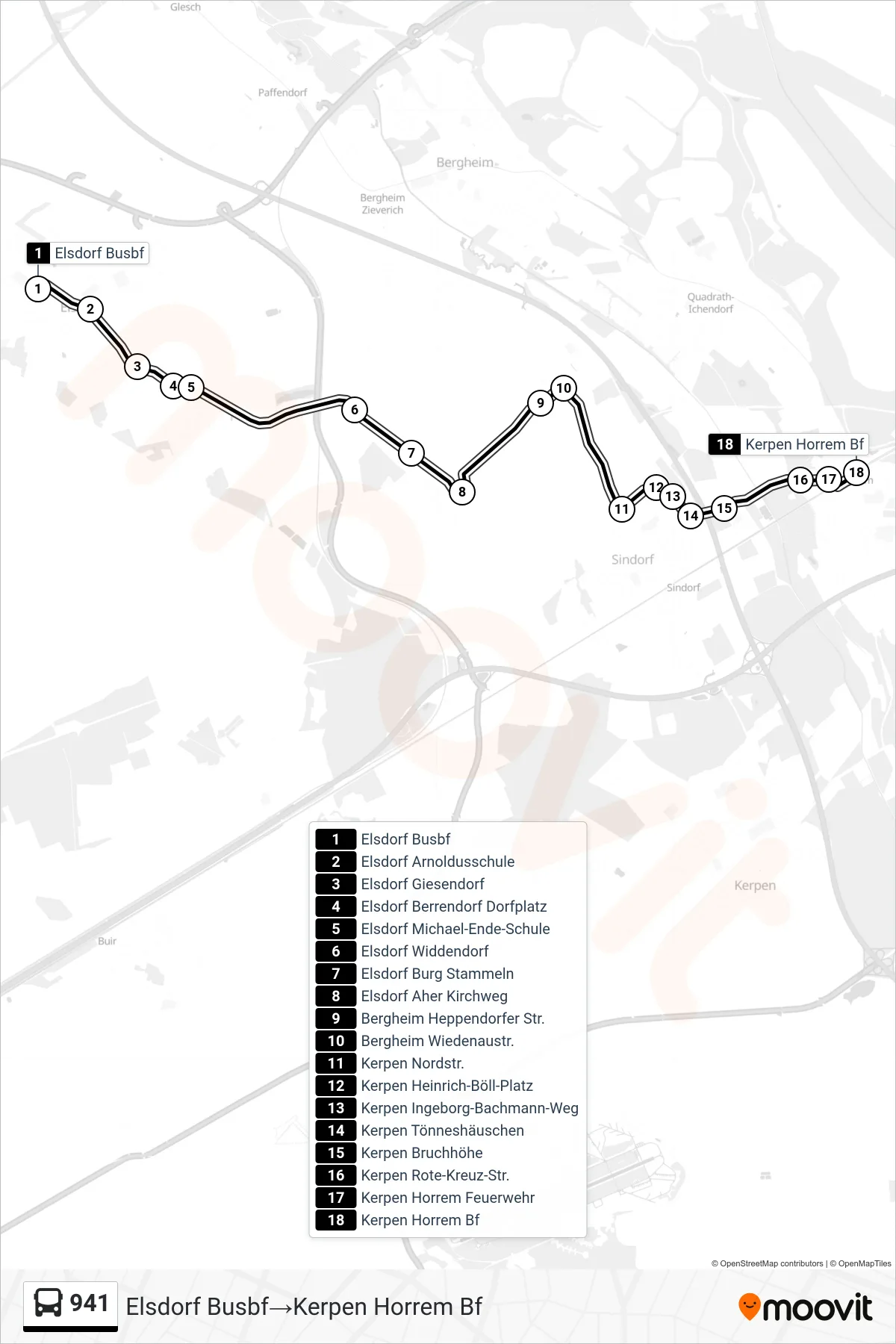 Linie 941 (Bus) Richtung Elsdorf Busbf‎→Kerpen Horrem Bf: Route und Haltestellen auf der Karte