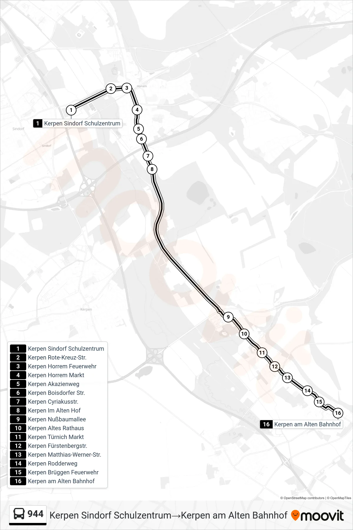 944 bus Line (Kerpen Sindorf Schulzentrum→Kerpen am Alten Bahnhof) route and stops on a map