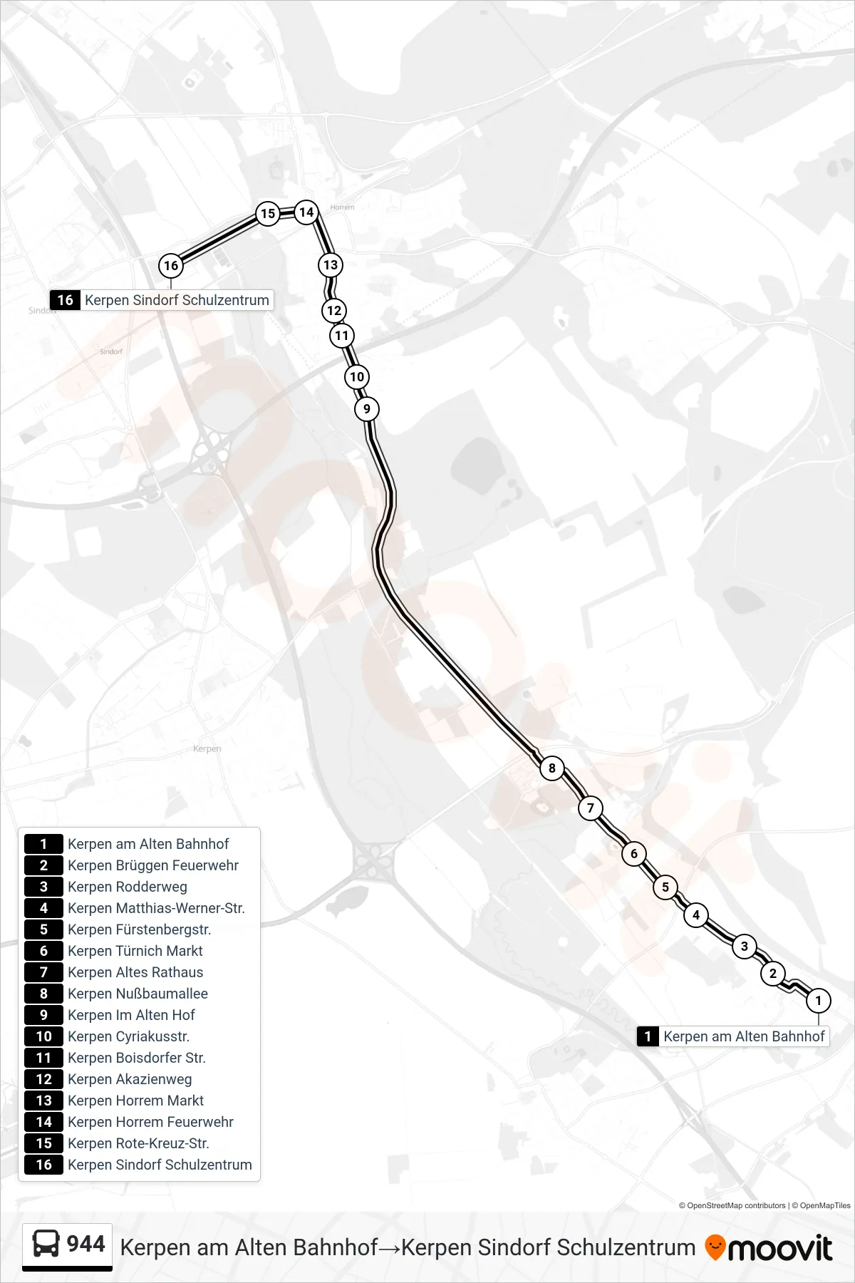 Linie 944 (Bus) Richtung Kerpen am Alten Bahnhof→Kerpen Sindorf Schulzentrum: Route und Haltestellen auf der Karte