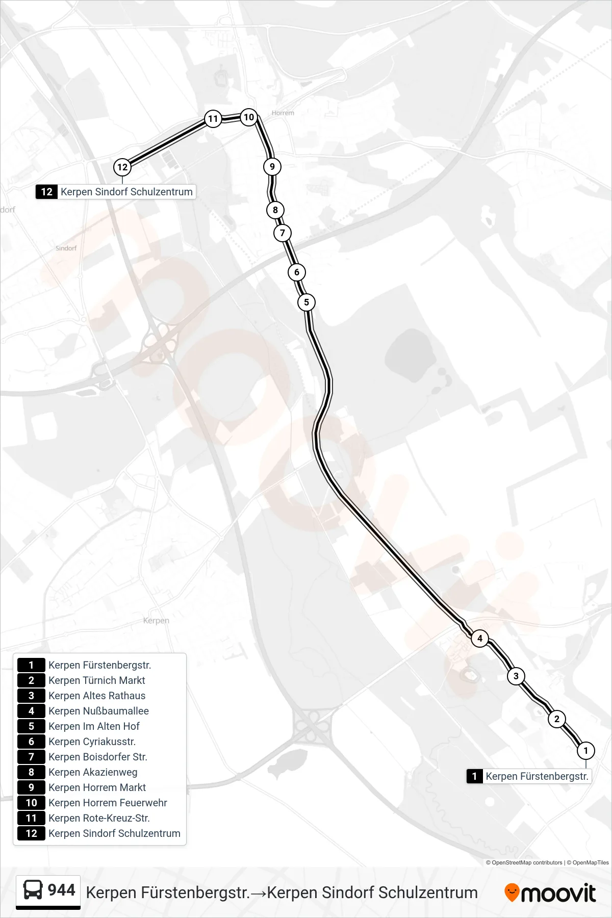 944 bus Line (Kerpen Fürstenbergstr.→Kerpen Sindorf Schulzentrum) route and stops on a map