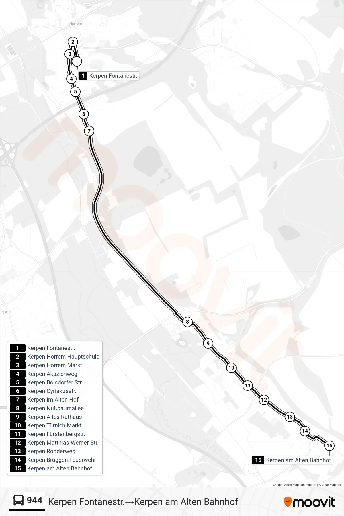 944 bus Line (Kerpen Fontänestr.→Kerpen am Alten Bahnhof) route and stops on a map