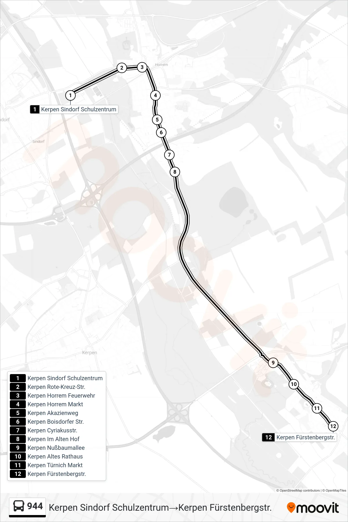 944 bus Line (Kerpen Sindorf Schulzentrum→Kerpen Fürstenbergstr.) route and stops on a map