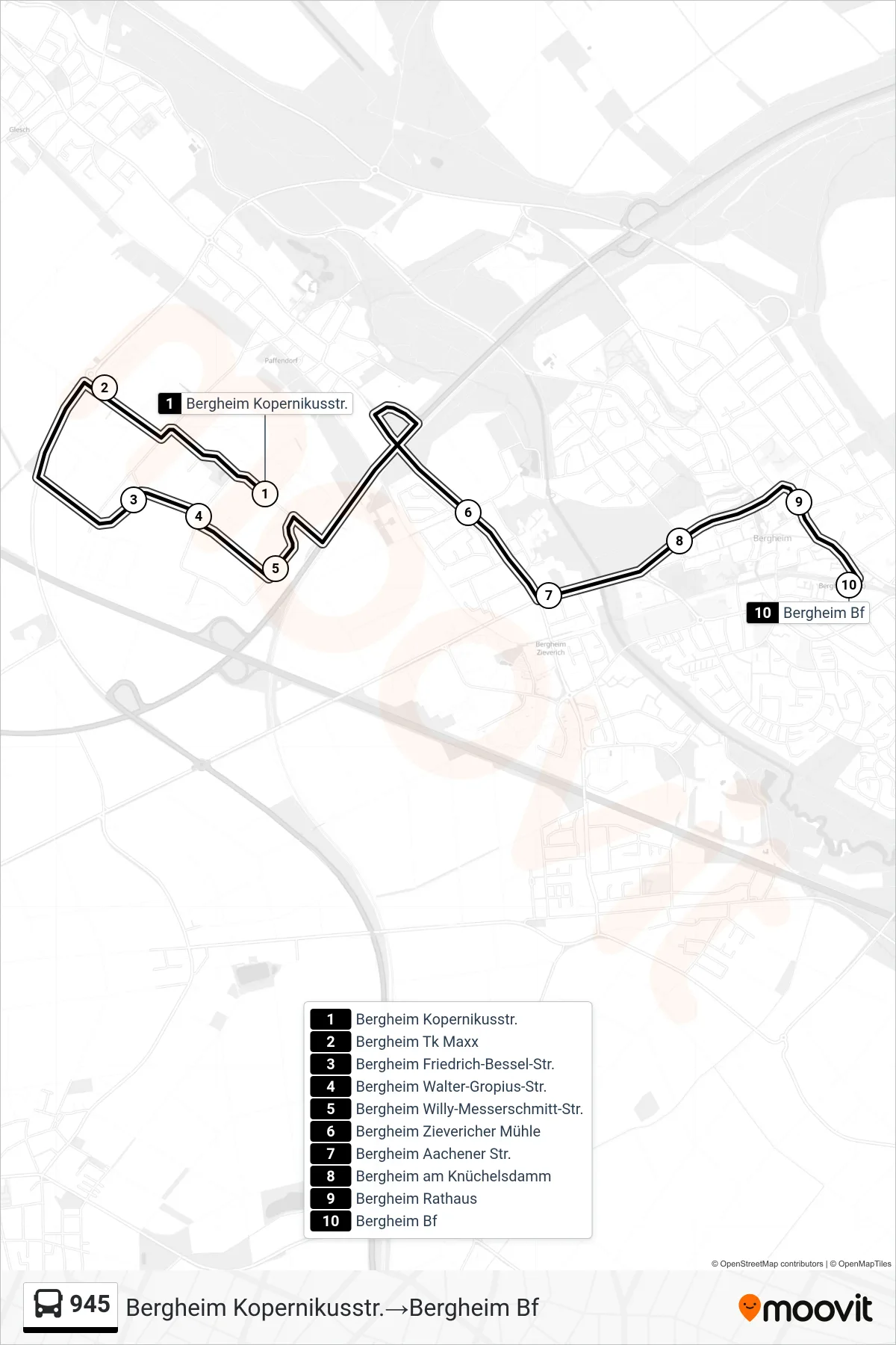 945 bus Line (Bergheim Kopernikusstr.‎→Bergheim Bf) route and stops on a map