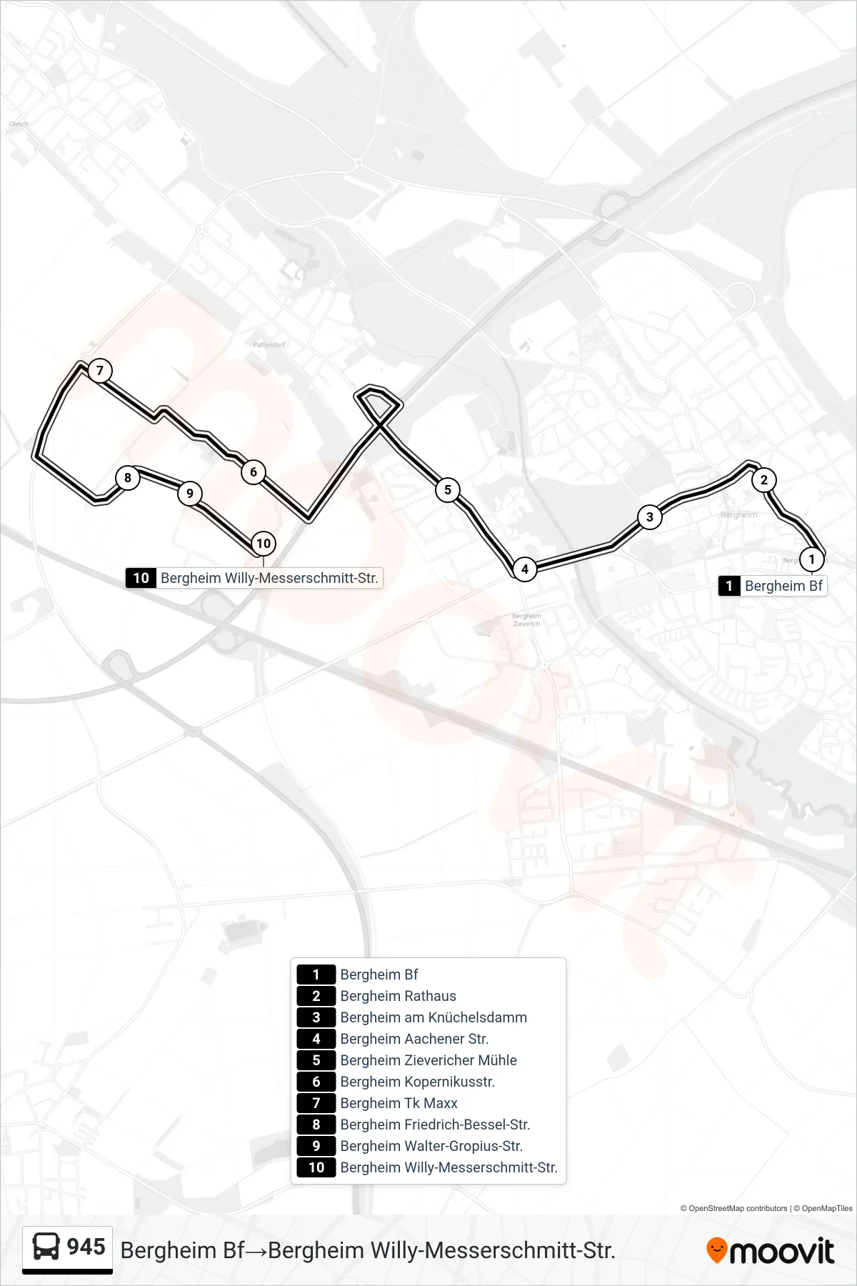 Linie 945 (Bus) Richtung Bergheim Bf→Bergheim Willy-Messerschmitt-Str.: Route und Haltestellen auf der Karte