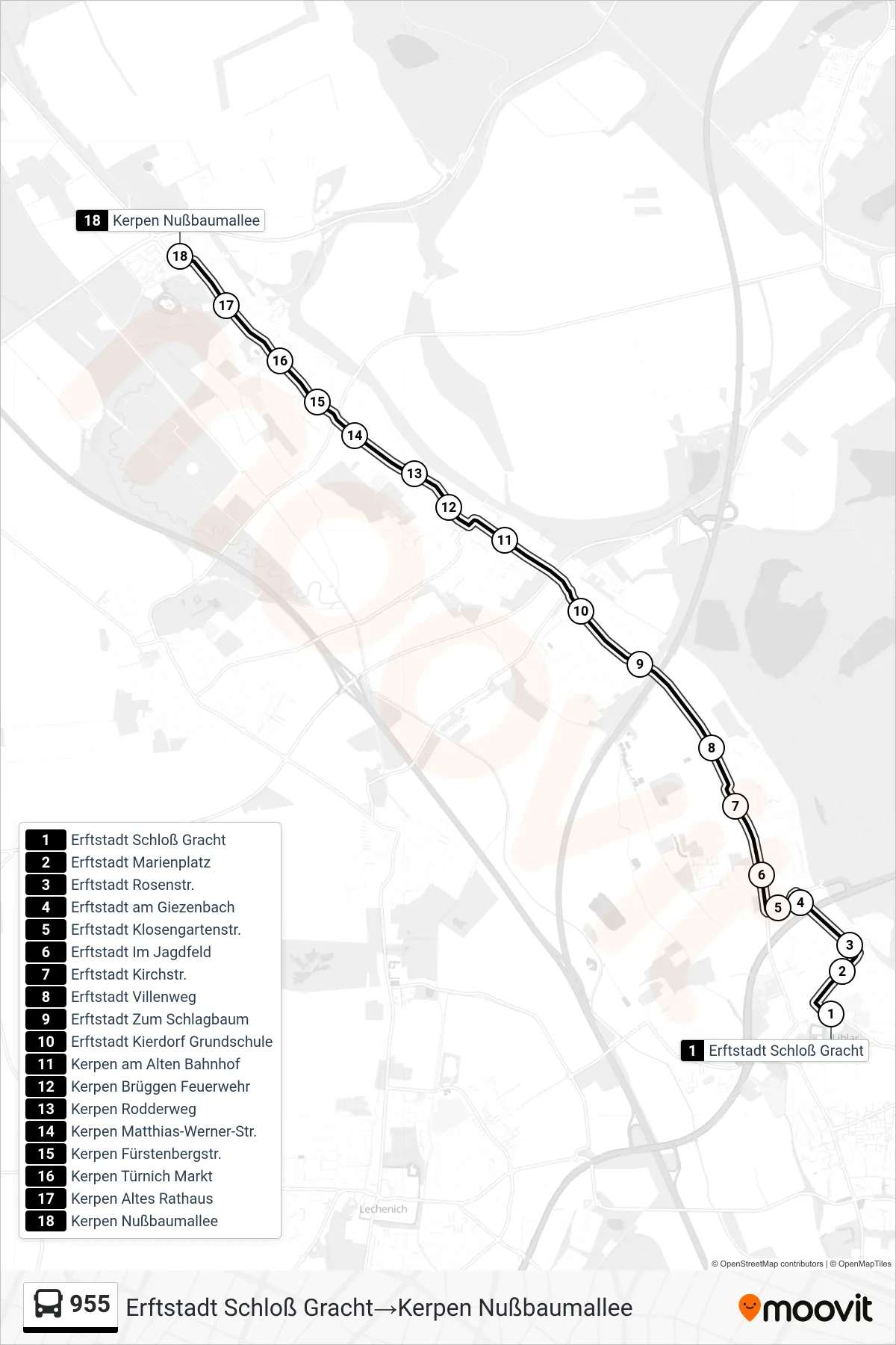 Linie 955 (Bus) Richtung Erftstadt Schloß Gracht‎→Kerpen Nußbaumallee: Route und Haltestellen auf der Karte