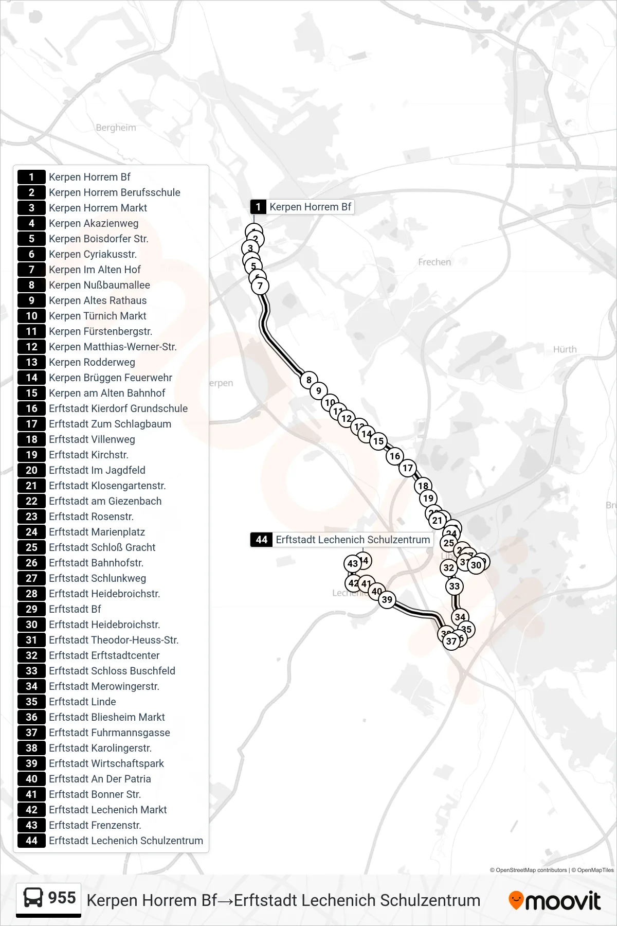 955 bus Line (Kerpen Horrem Bf→Erftstadt Lechenich Schulzentrum) route and stops on a map