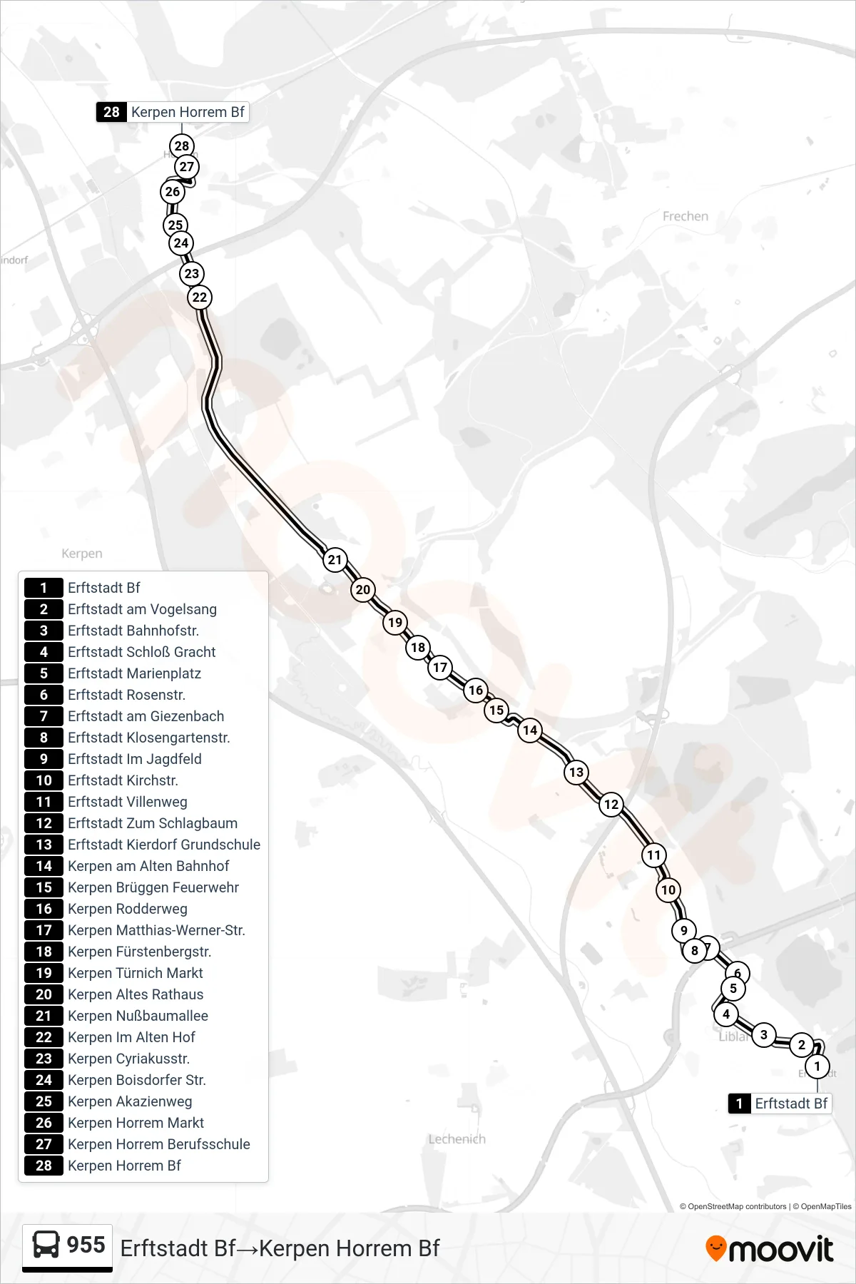 Linie 955 (Bus) Richtung Erftstadt Bf→Kerpen Horrem Bf: Route und Haltestellen auf der Karte