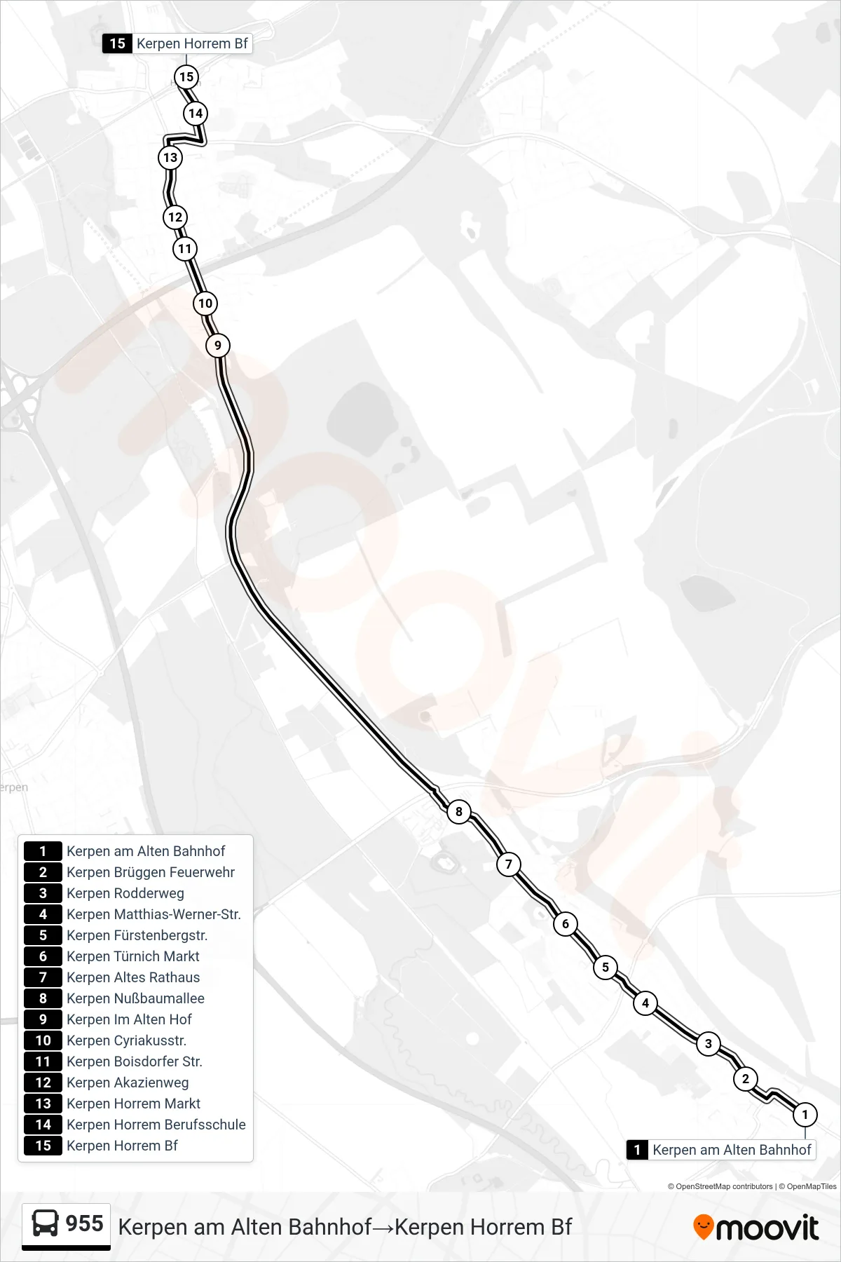 955 bus Line (Kerpen am Alten Bahnhof→Kerpen Horrem Bf) route and stops on a map