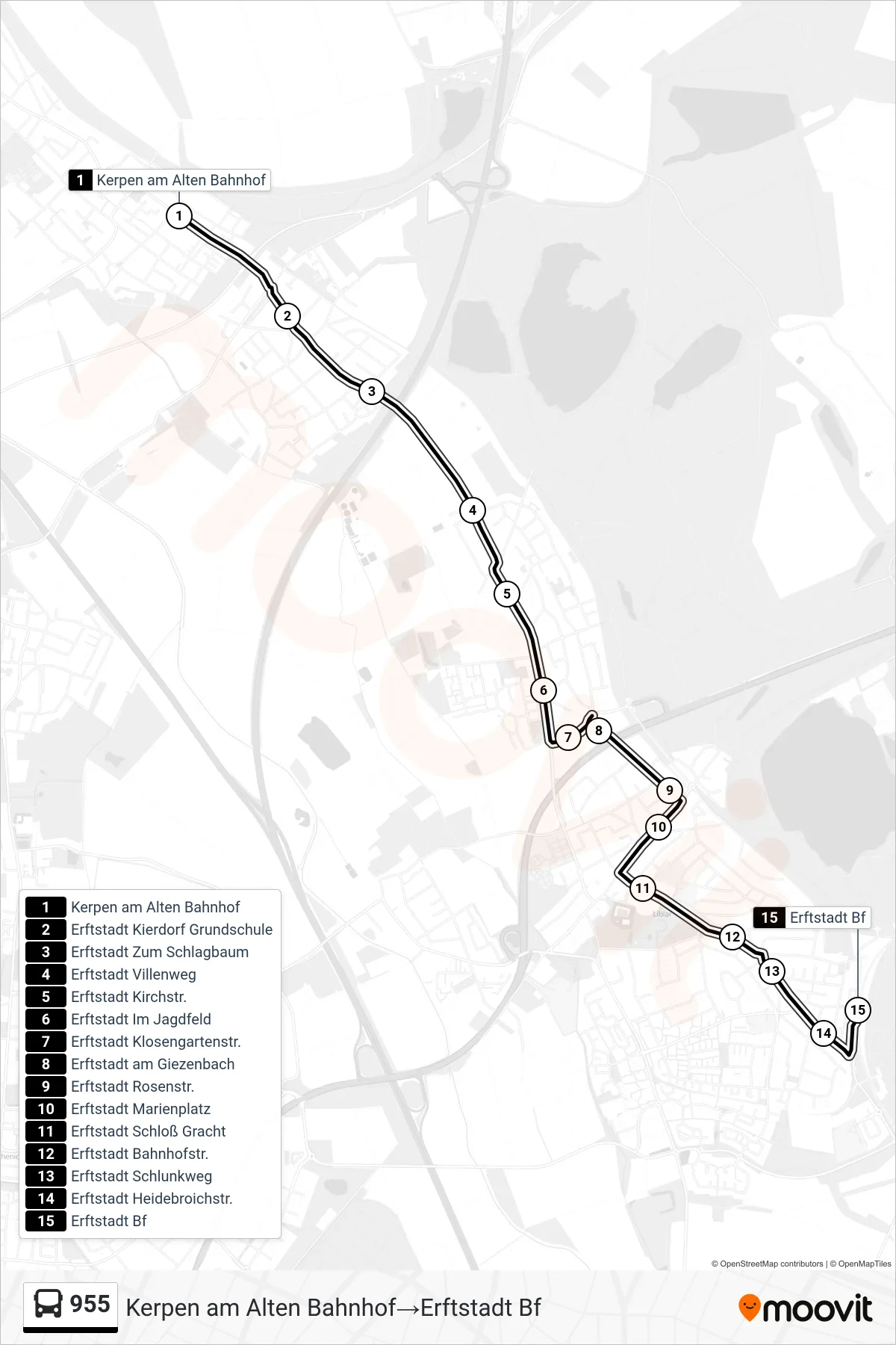 Linie 955 (Bus) Richtung Kerpen am Alten Bahnhof→Erftstadt Bf: Route und Haltestellen auf der Karte