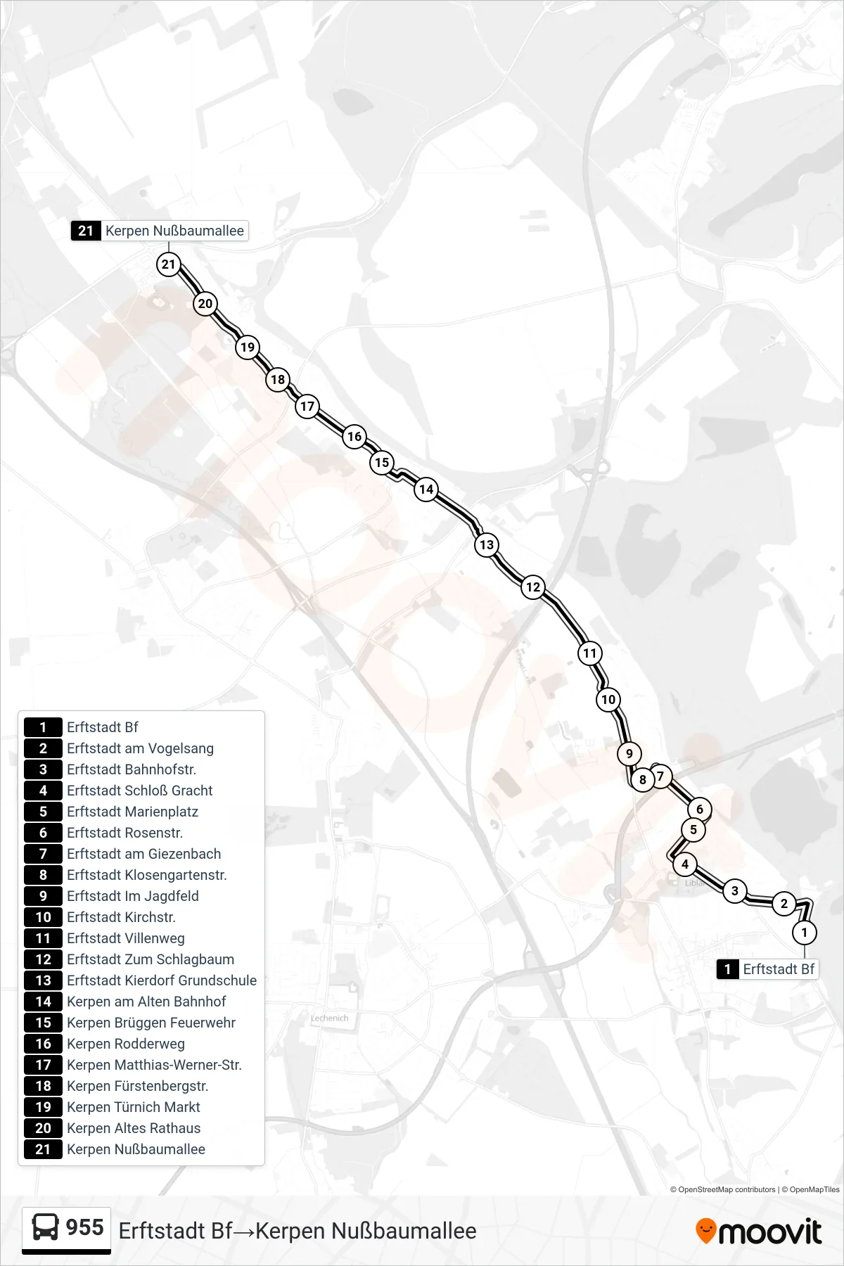Linie 955 (Bus) Richtung Erftstadt Bf‎→Kerpen Nußbaumallee: Route und Haltestellen auf der Karte