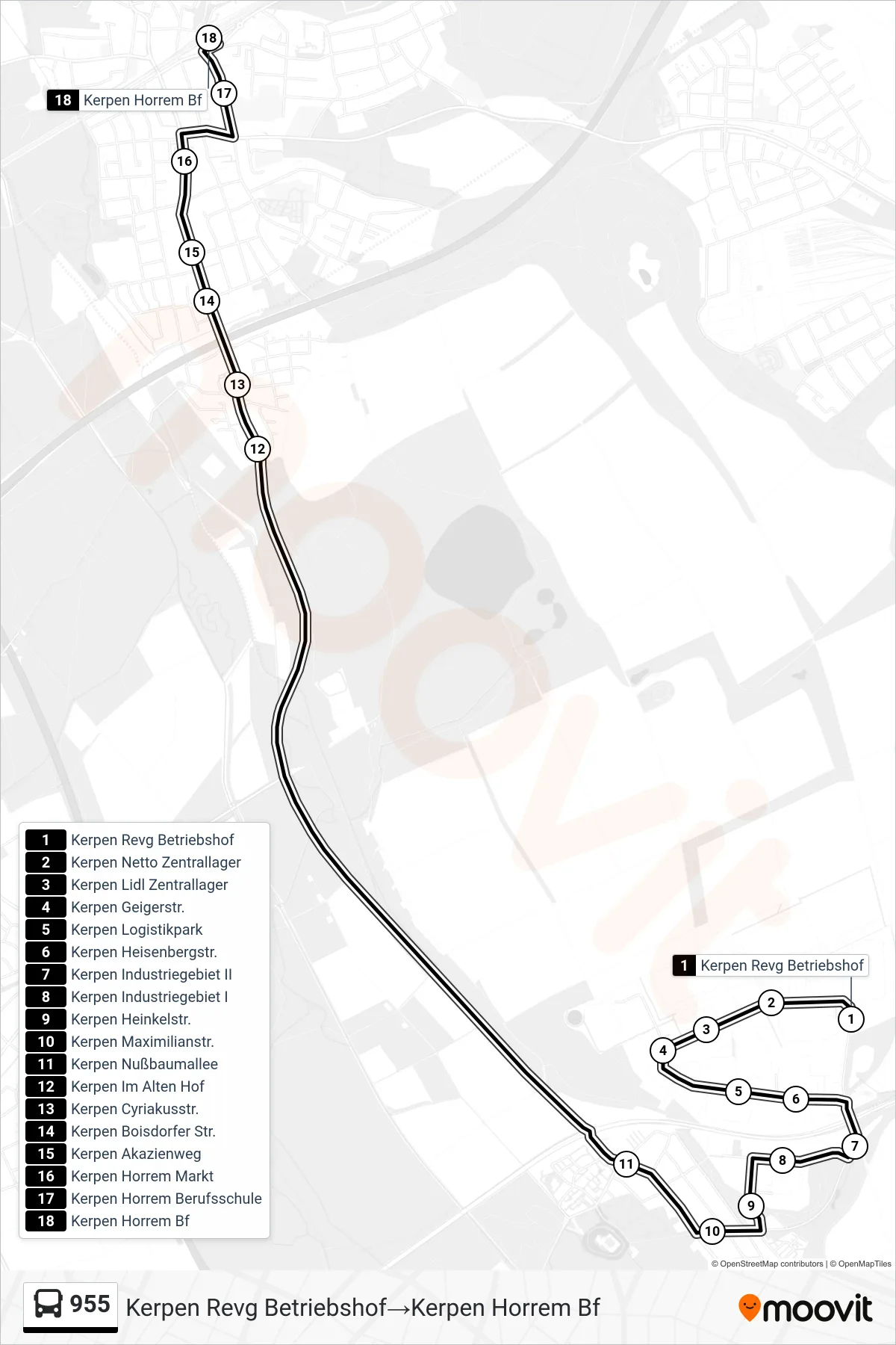 Linie 955 (Bus) Richtung Kerpen Revg Betriebshof→Kerpen Horrem Bf: Route und Haltestellen auf der Karte