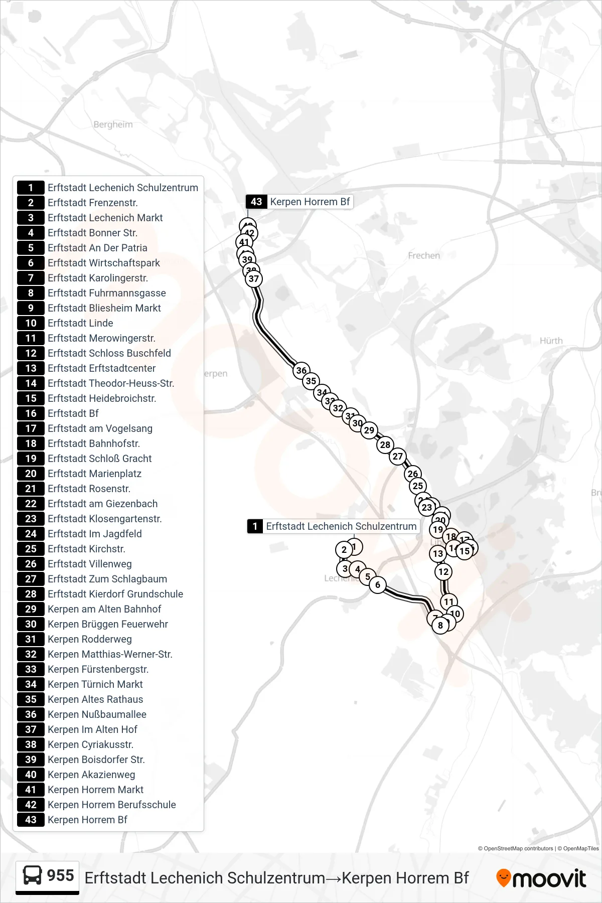 955 bus Line (Erftstadt Lechenich Schulzentrum→Kerpen Horrem Bf) route and stops on a map