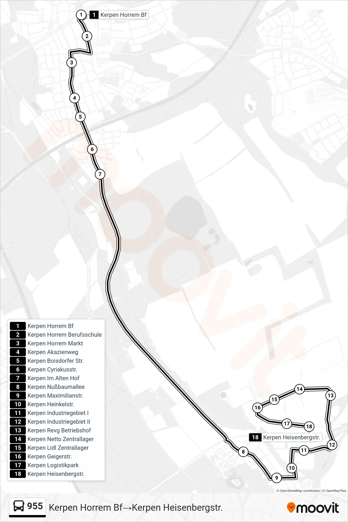Linie 955 (Bus) Richtung Kerpen Horrem Bf→Kerpen Heisenbergstr.: Route und Haltestellen auf der Karte