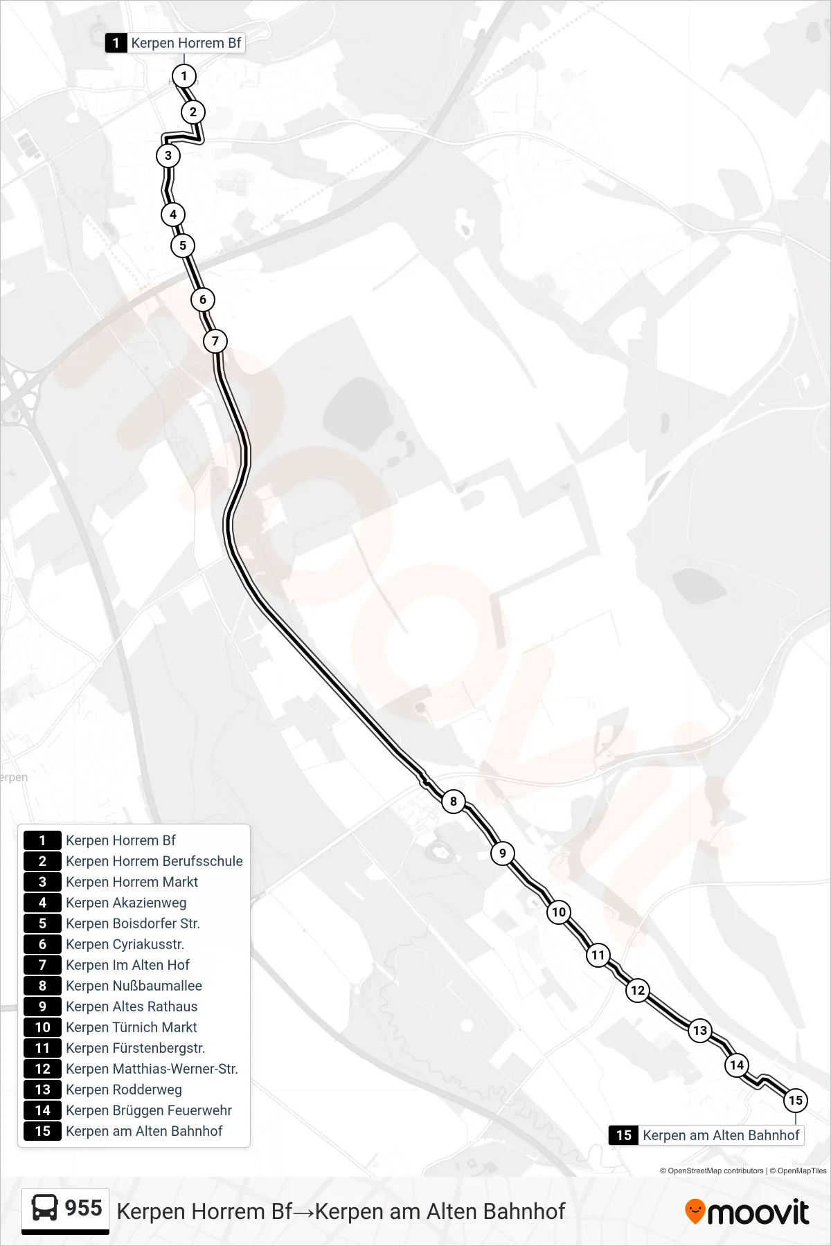 Linie 955 (Bus) Richtung Kerpen Horrem Bf‎→Kerpen am Alten Bahnhof: Route und Haltestellen auf der Karte