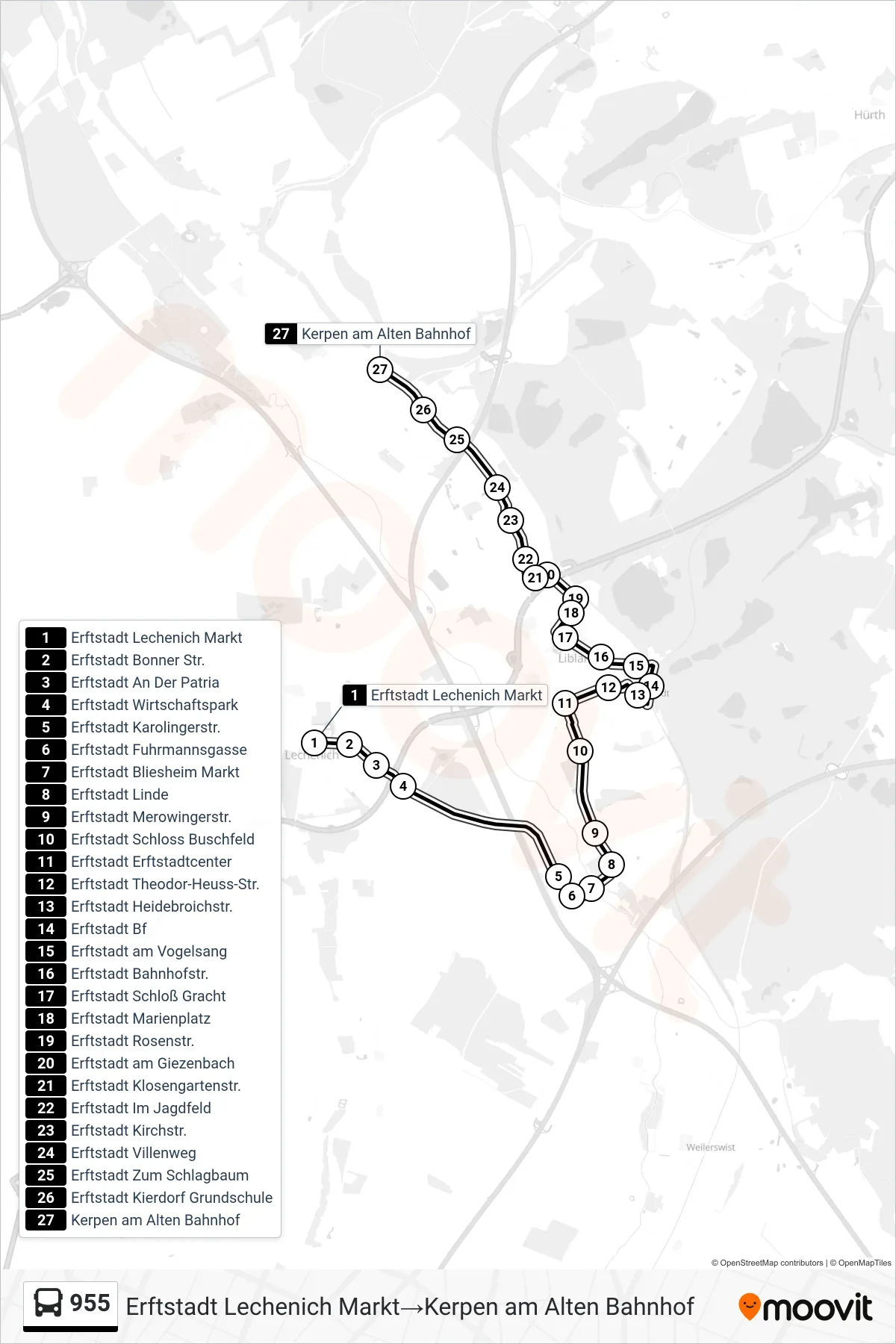 Linie 955 (Bus) Richtung Erftstadt Lechenich Markt‎→Kerpen am Alten Bahnhof: Route und Haltestellen auf der Karte