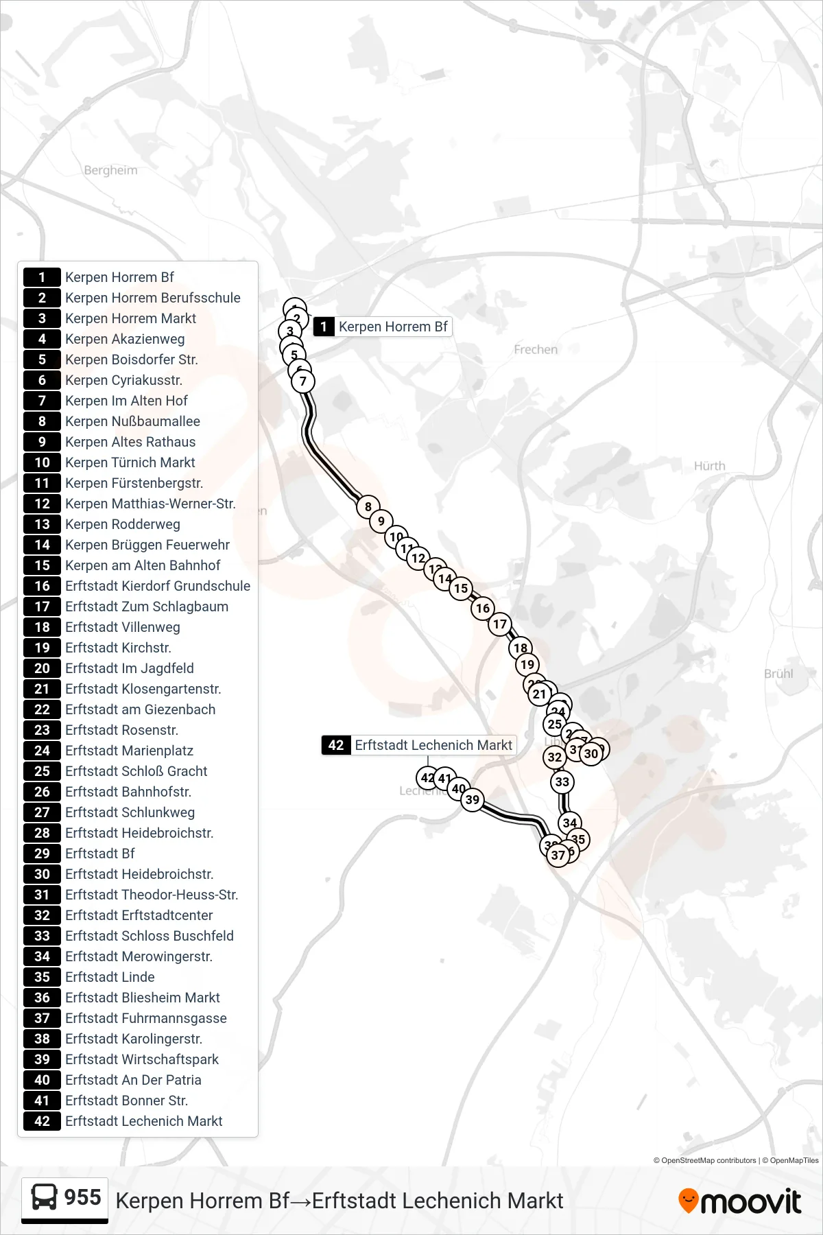 Linie 955 (Bus) Richtung Kerpen Horrem Bf→Erftstadt Lechenich Markt: Route und Haltestellen auf der Karte