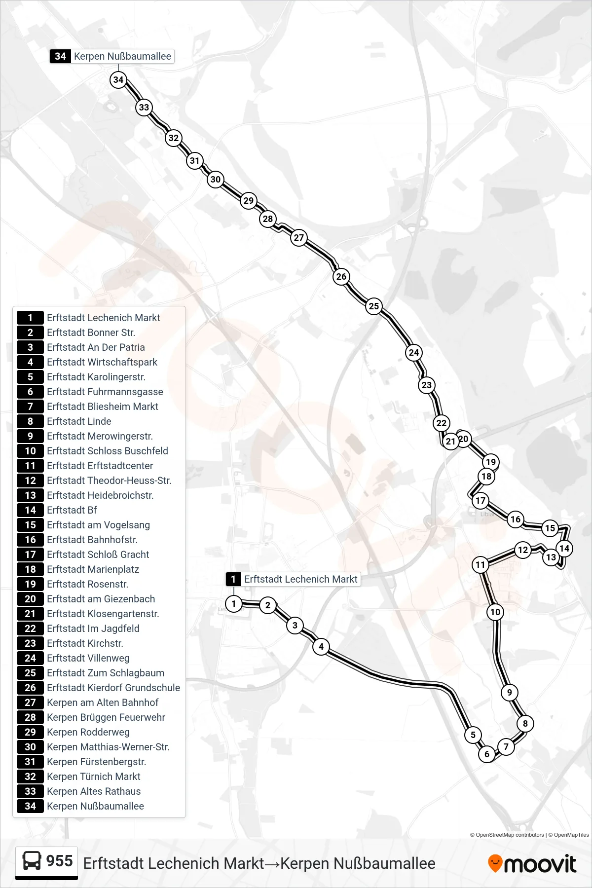 Linie 955 (Bus) Richtung Erftstadt Lechenich Markt→Kerpen Nußbaumallee: Route und Haltestellen auf der Karte