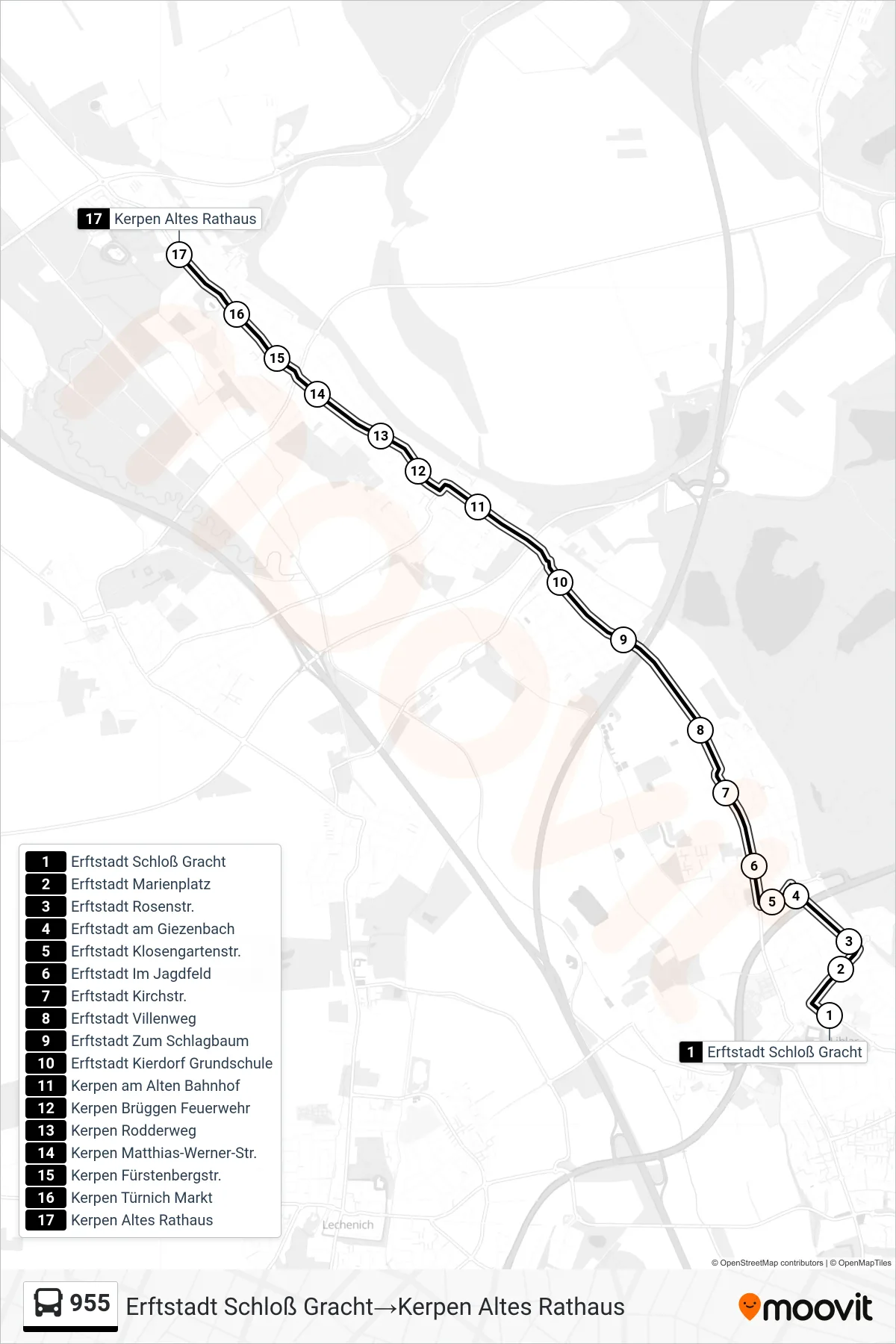 955 bus Line (Erftstadt Schloß Gracht→Kerpen Altes Rathaus) route and stops on a map