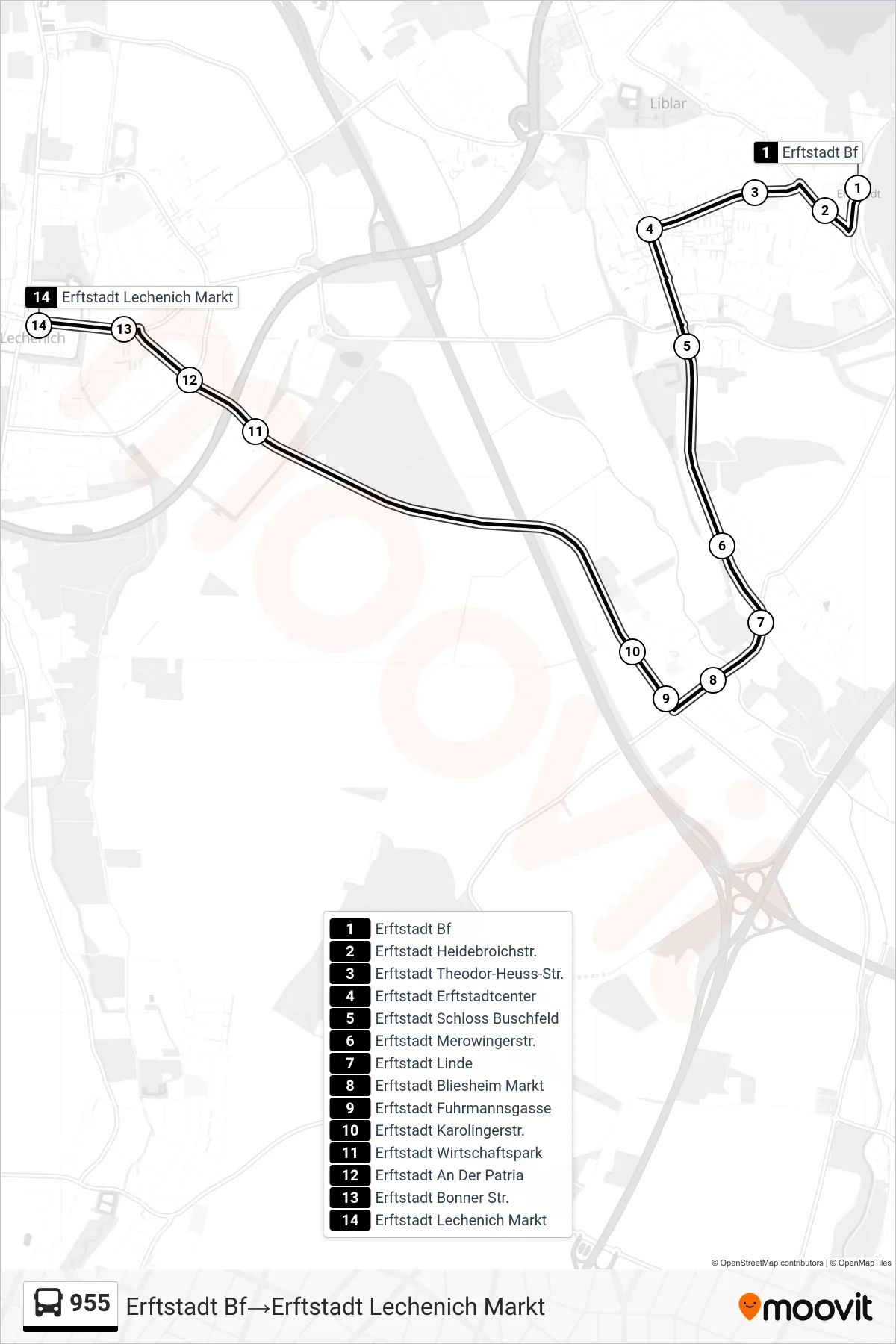 955 bus Line (Erftstadt Bf→Erftstadt Lechenich Markt) route and stops on a map