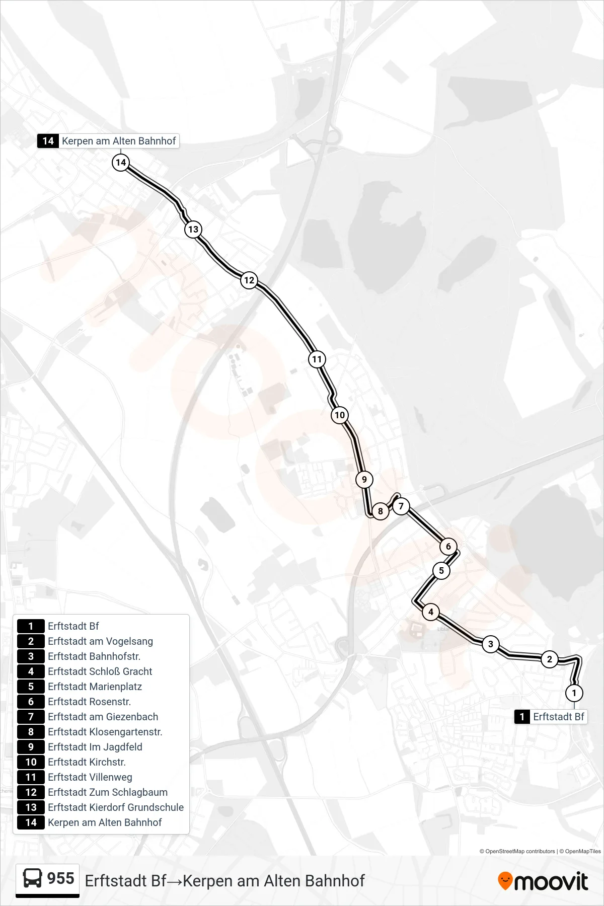 Linie 955 (Bus) Richtung Erftstadt Bf‎→Kerpen am Alten Bahnhof: Route und Haltestellen auf der Karte