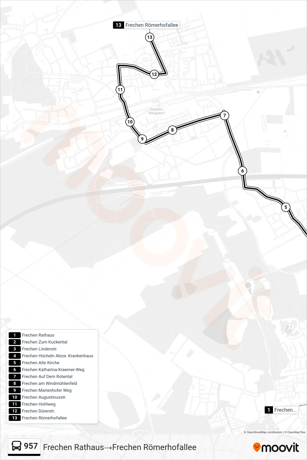 957 bus Line (Frechen Rathaus→Frechen Römerhofallee) route and stops on a map